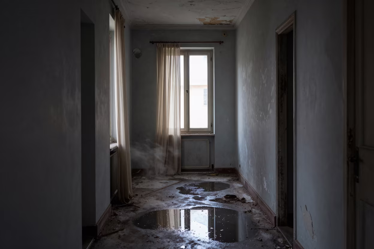 Dilapidated Hotel Corridor with Drifted Plaster and Sea Wind in along a derelict corridor with peeled paint and pooled water in Marseille