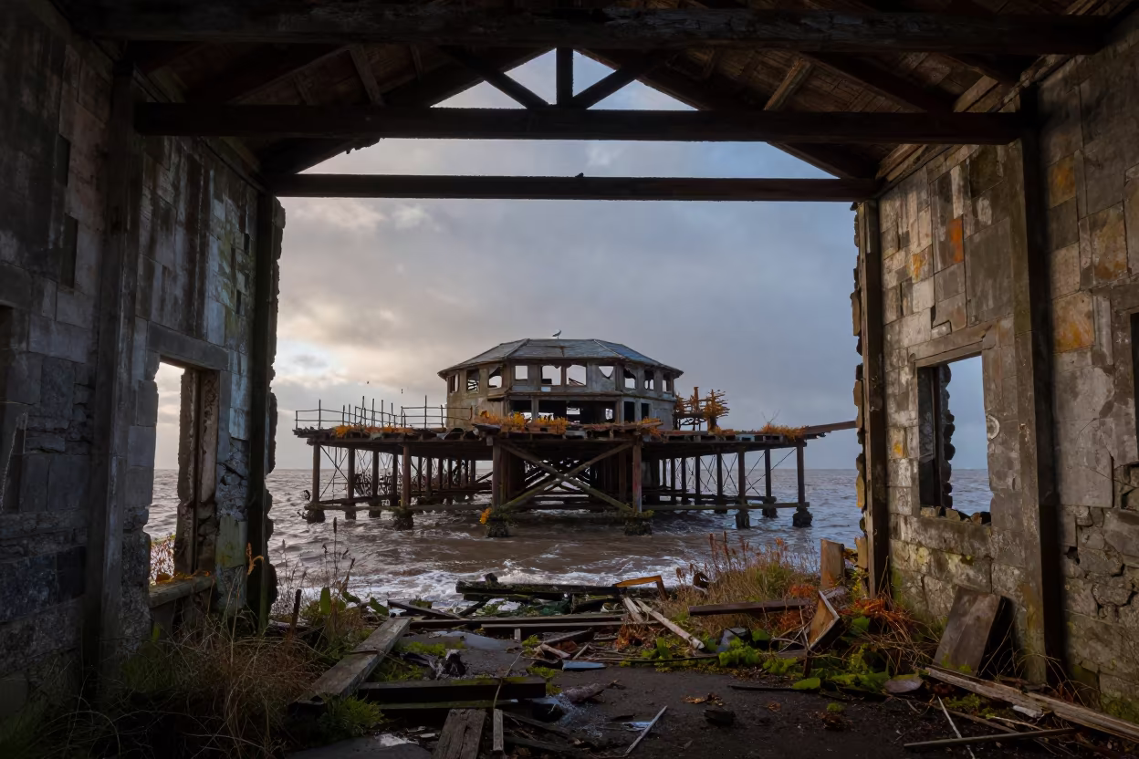 Dilapidated Pier Warehouse Wales Autumn Ruin in beneath a broken stone arch in Wales