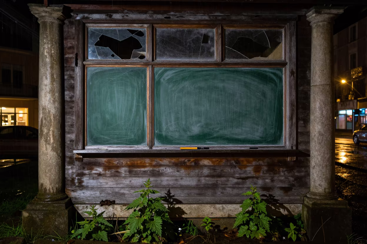 Dilapidated Schoolhouse Chalkboard Behind Broken Glass in among toppled columns and nettles near Saint-Marc