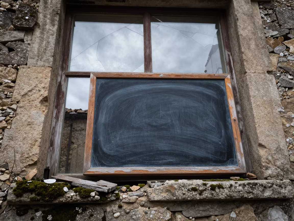 Dilapidated Schoolhouse Chalkboard Ruins Spain in among collapsed cloisters in Spain