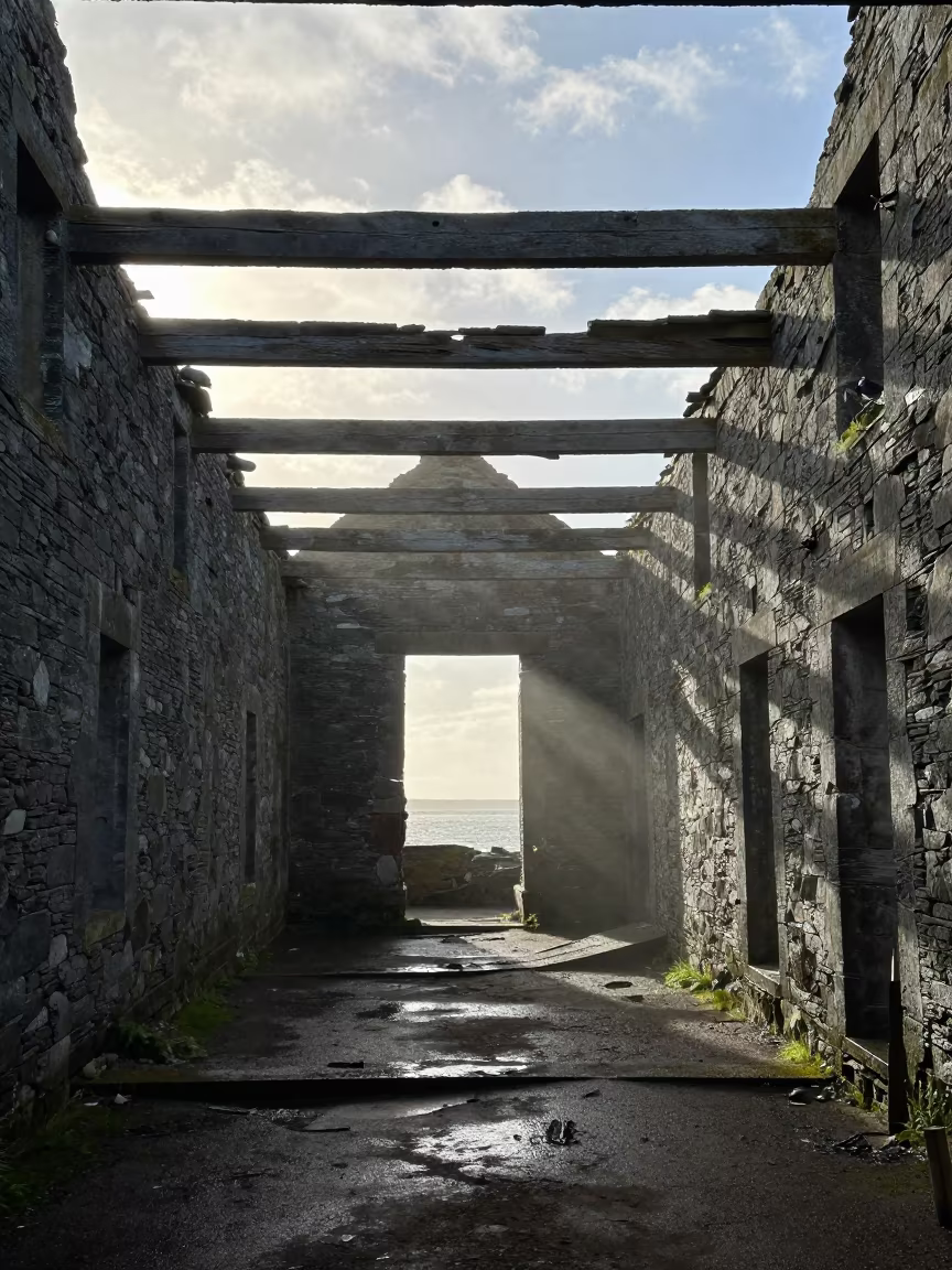Dilapidated Scotland Pier Warehouse at Sunrise in inside a roofless nave in Scotland