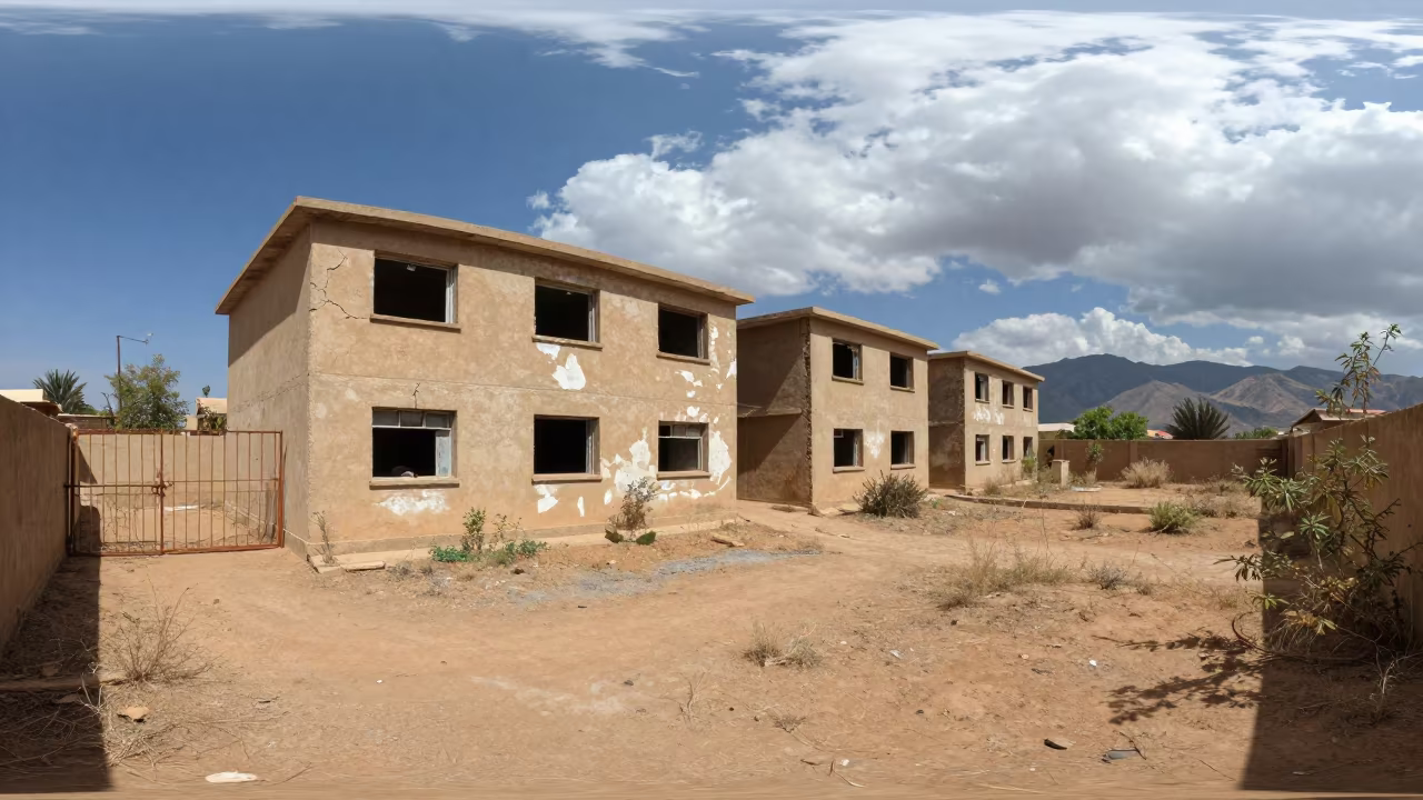 Dilapidated Workers Housing Block Noon Light in near Thies