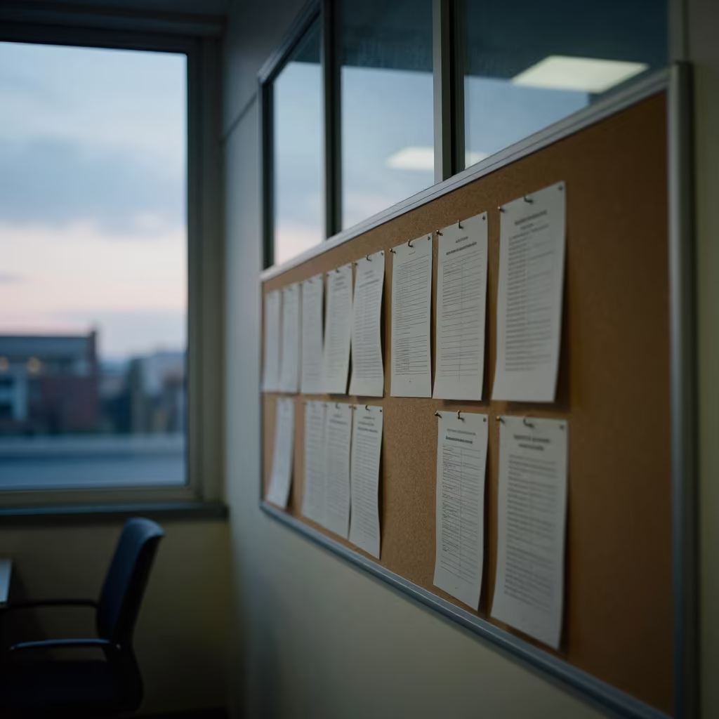 Dim Breakroom Bulletin Wall Blue Hour in in an operations center under monitor glow in Afyonkarahisar
