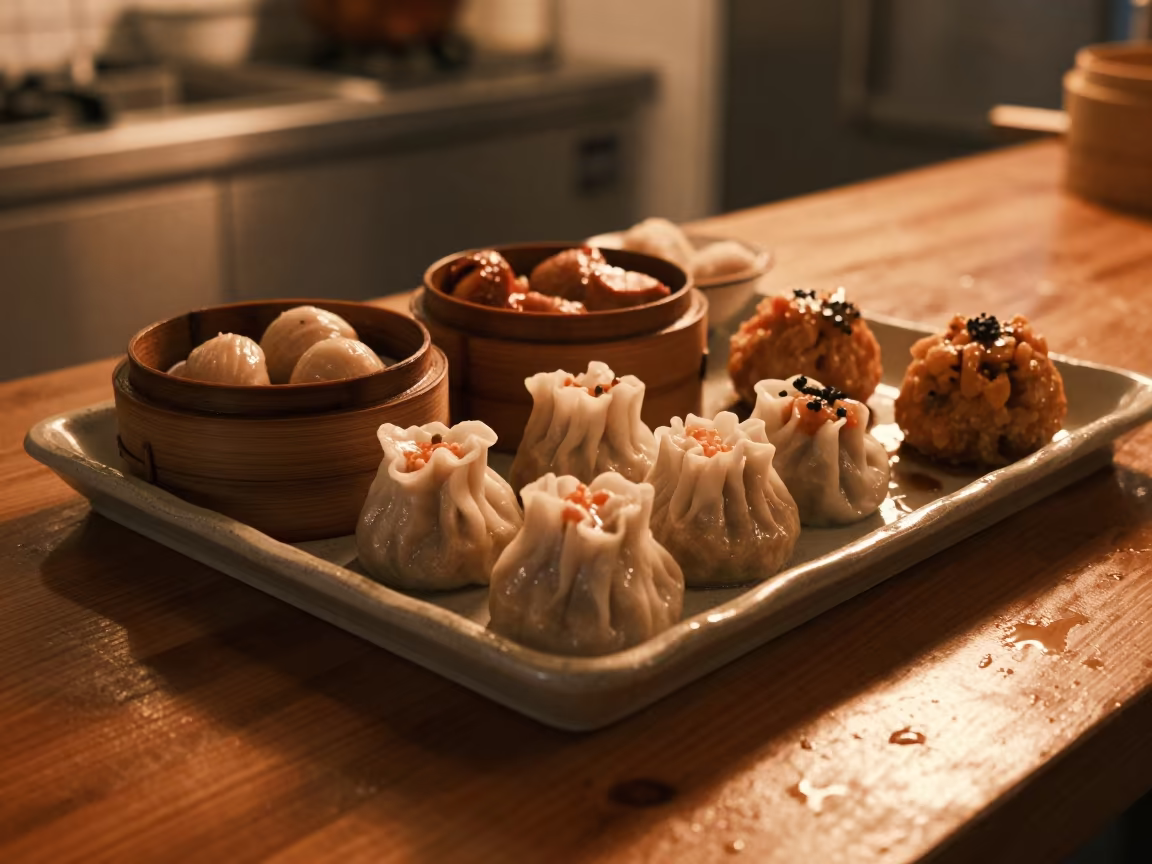 Dim Sum Assortment on Kitchen Worktop in on a kitchen worktop in Machiques
