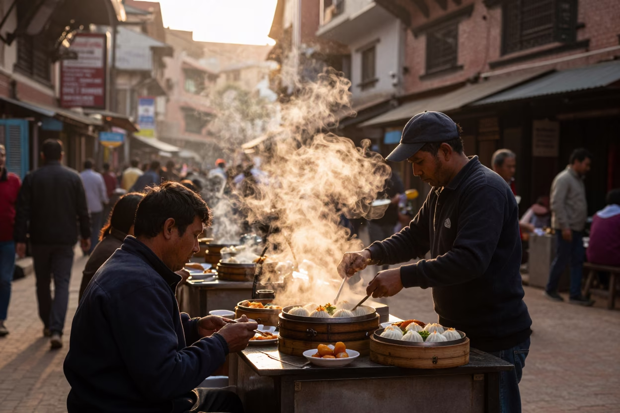 Dim Sum at Honeyed Evening Light in Kathmandu in in Kathmandu, Nepal