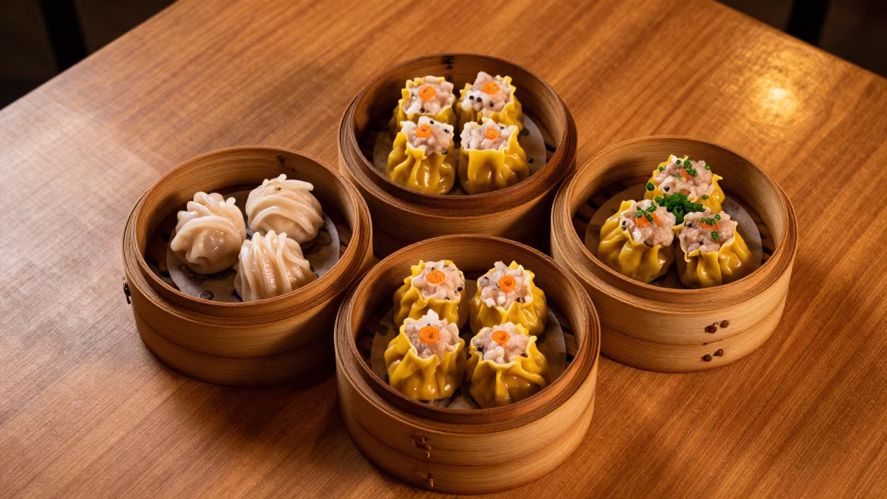 Dim Sum Har Gow Siu Mai Bamboo Steamer Salvador Dawn in on a linen-covered restaurant table in Salvador