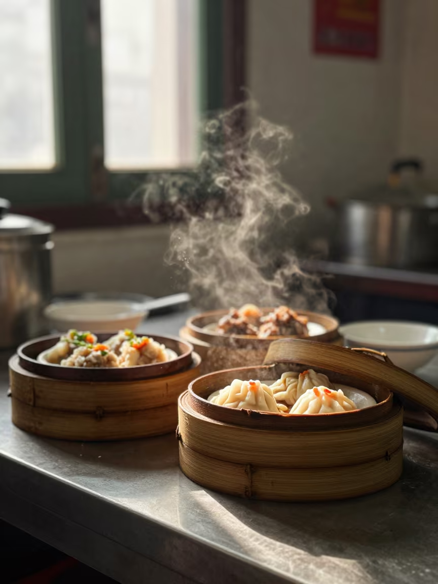 Dim Sum Steamers Late Afternoon Ho Chi Minh City in on a kitchen worktop in Ho Chi Minh City