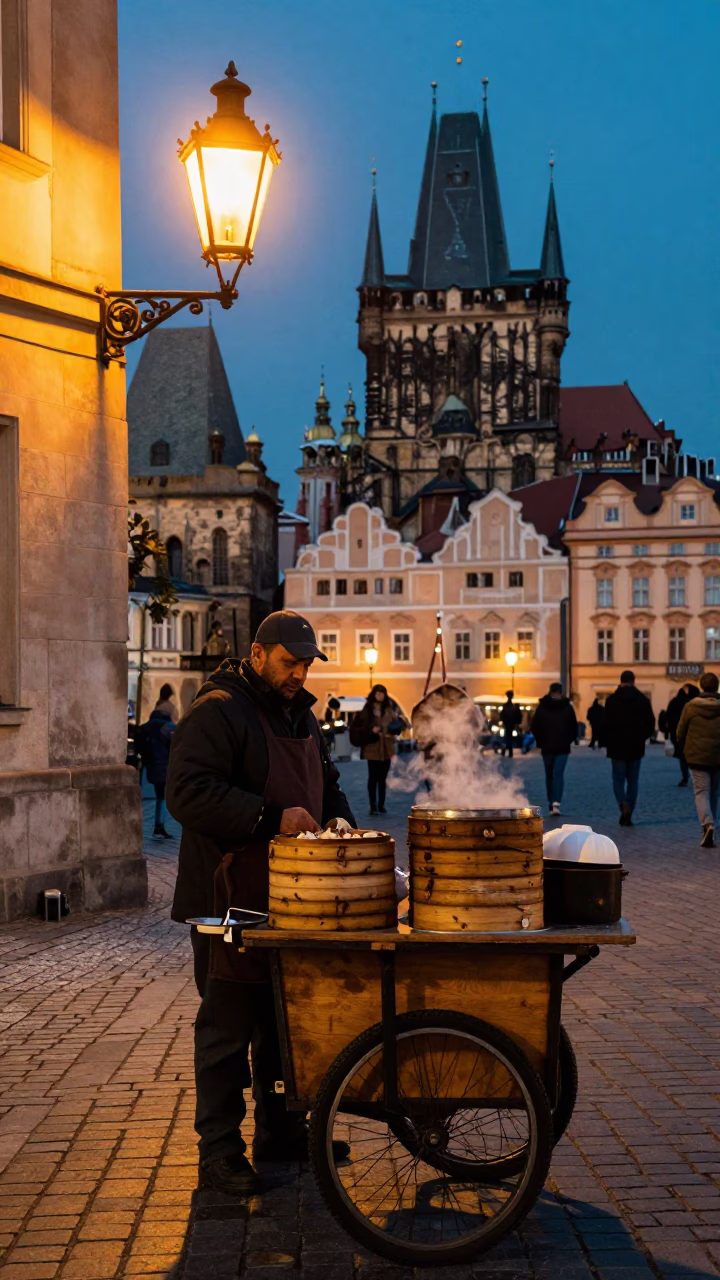 Dim Sum Steamers and Bean Stew in Prague Predawn Street Market in in Prague, Czech Republic