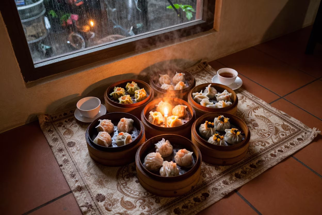 Dim Sum Steamers on Kampong Glam Picnic in on a picnic blanket in Kampong Glam, Singapore