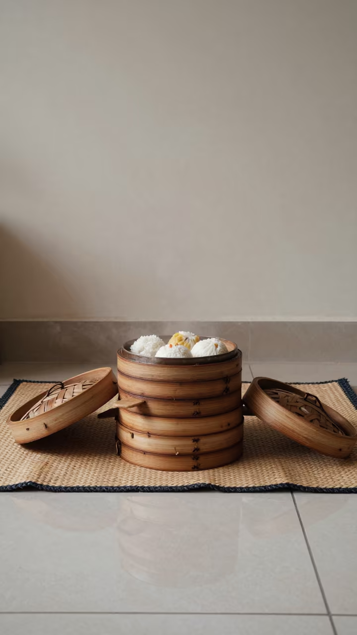 Dim Sum Steamers on Picnic Blanket in Phnom Penh in on a picnic blanket in Phnom Penh