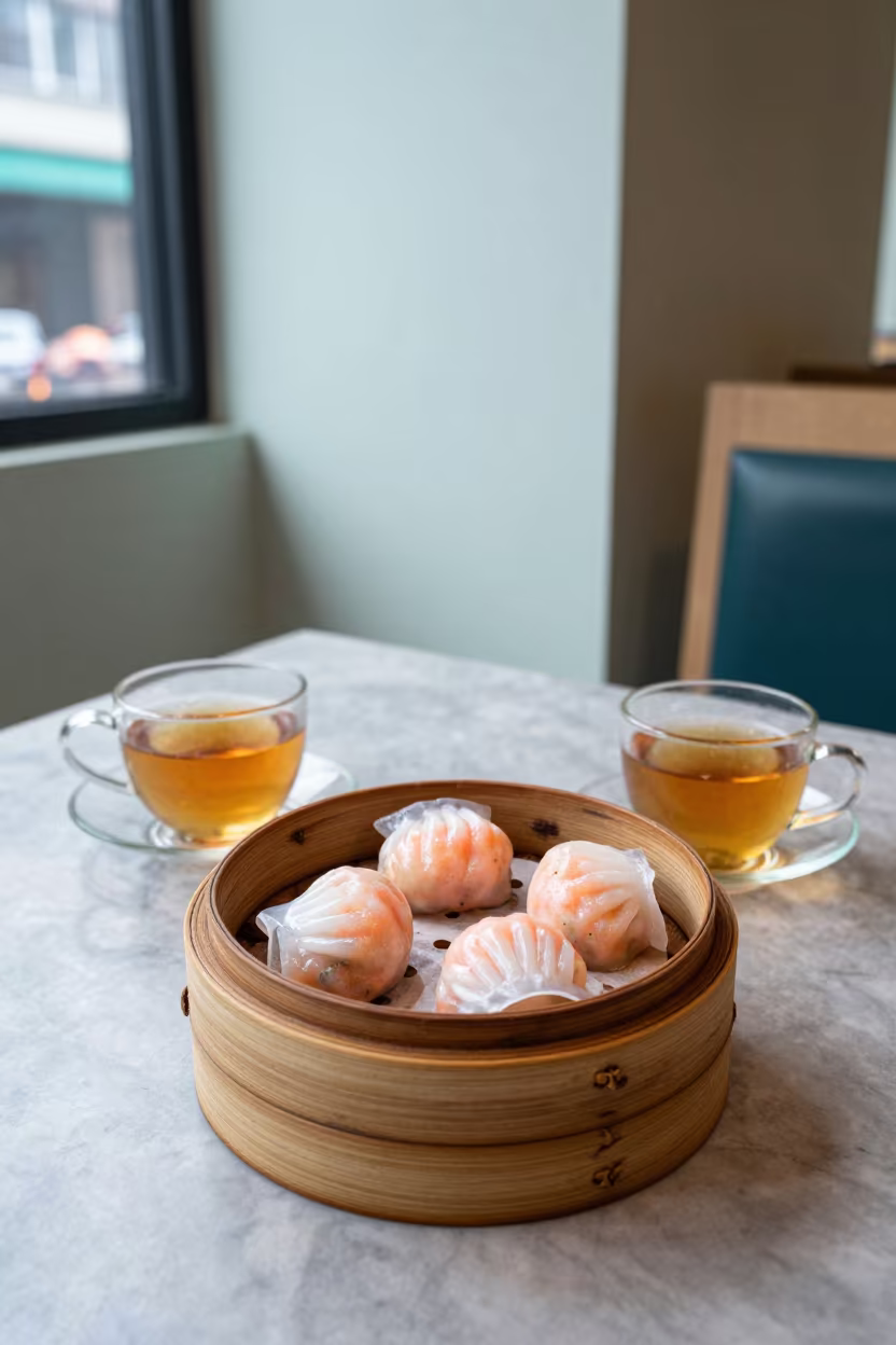 Dim Sum and Tea on Hong Kong Marble Table in on a marble cafe table in Hong Kong