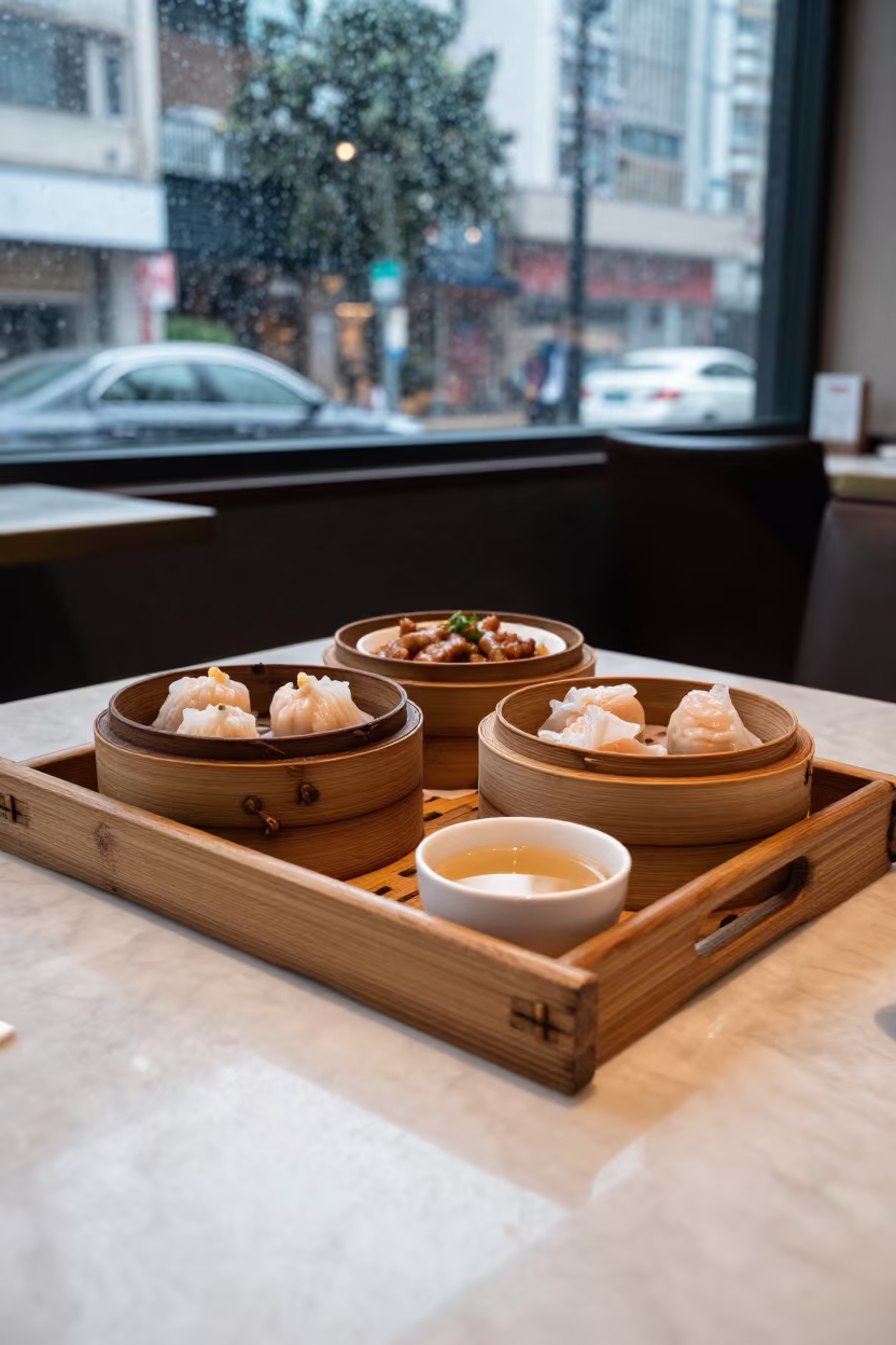 Dim Sum and Tea on Marble Table Hong Kong Cafe in on a marble cafe table in Kowloon City, Hong Kong