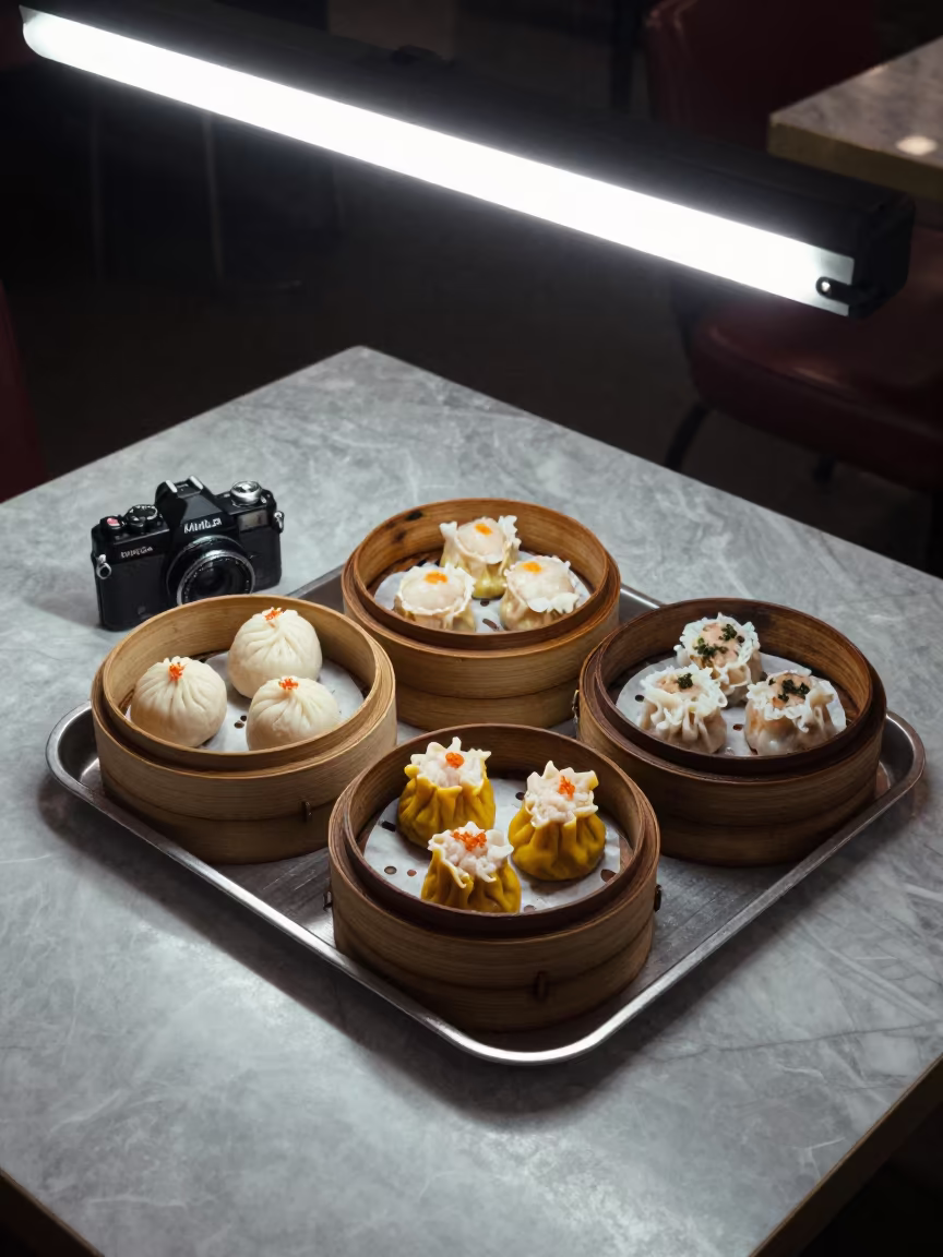 Dim Sum Tray on Marble Table Before Dawn in on a marble cafe table in Karachi