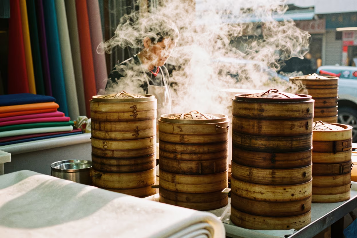 Dim Sum Vendor Stacking Steamers at Hong Kong Dawn in at a textile trader's stall in Causeway Bay, Hong Kong