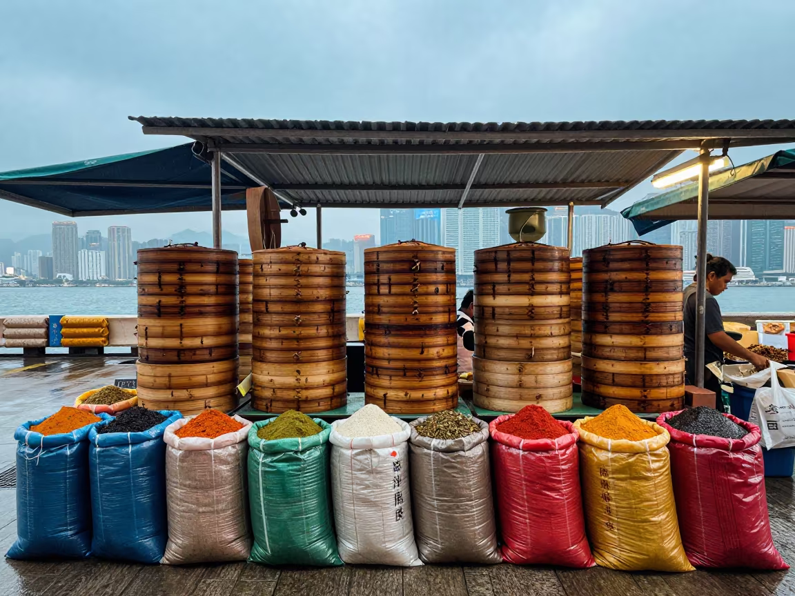 Dim Sum Vendor Stacking Steamers in Hong Kong Market in at a spice vendor's table in Tsim Sha Tsui, Hong Kong