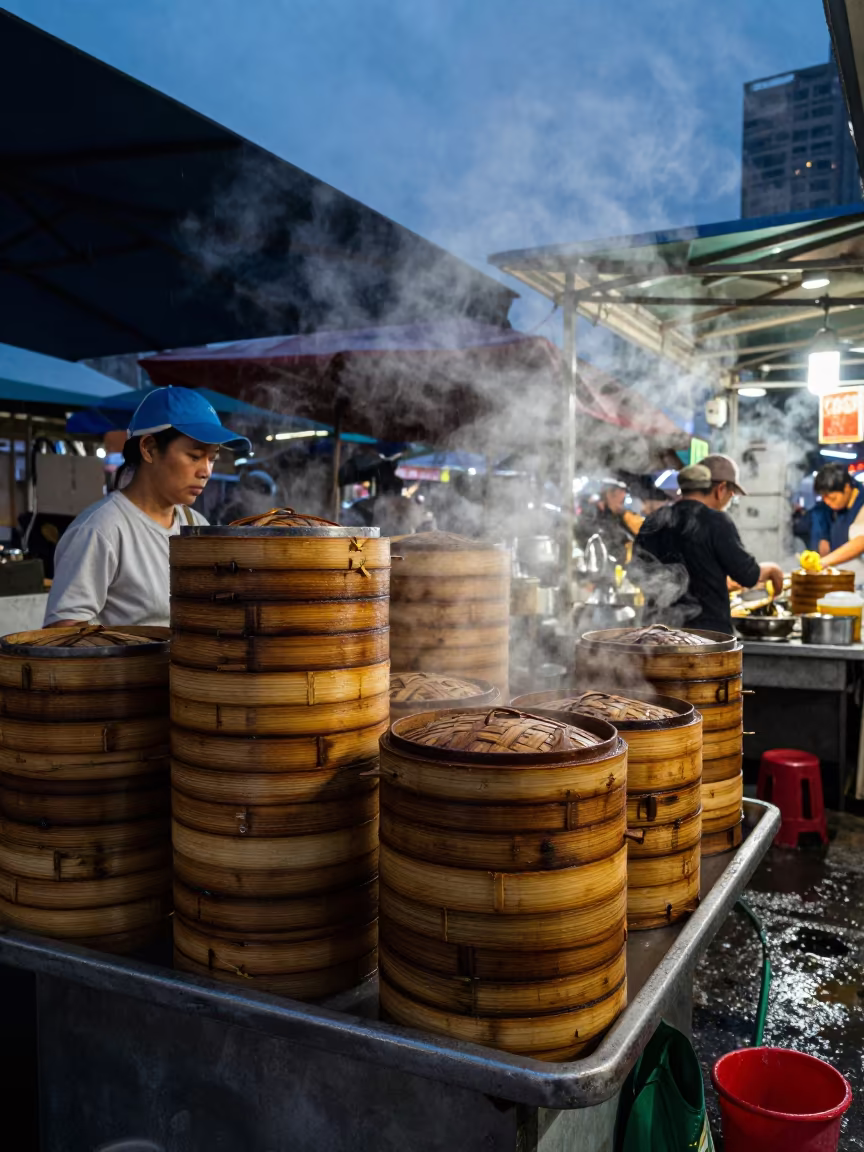 Dim Sum Vendor Stacks Bamboo Steamers Hong Kong in at a market stall in Wan Chai, Hong Kong