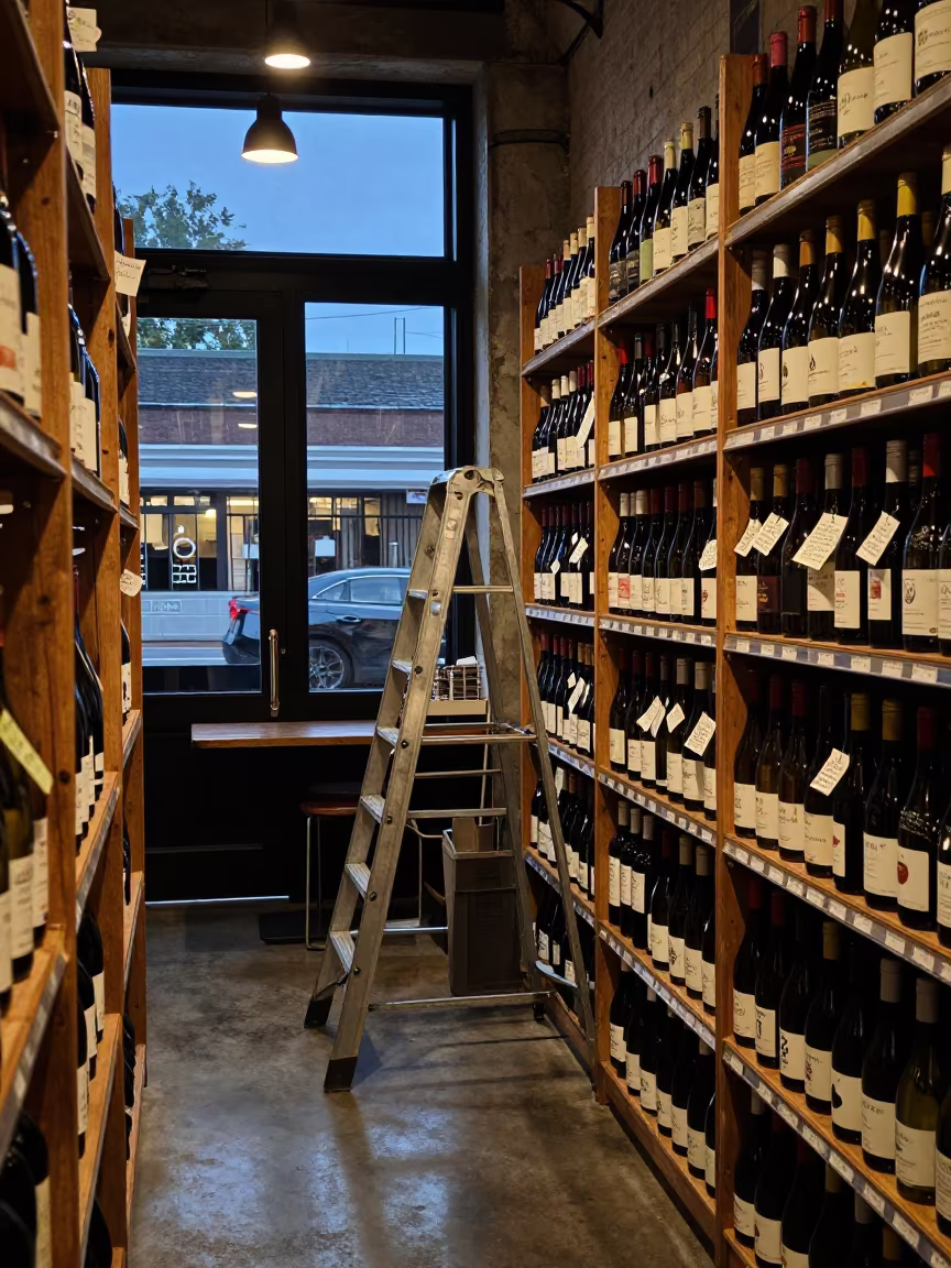 Dim Wine Shop Shelf Ladder Behind Christchurch Store in inside a stockroom behind the sales floor in Christchurch