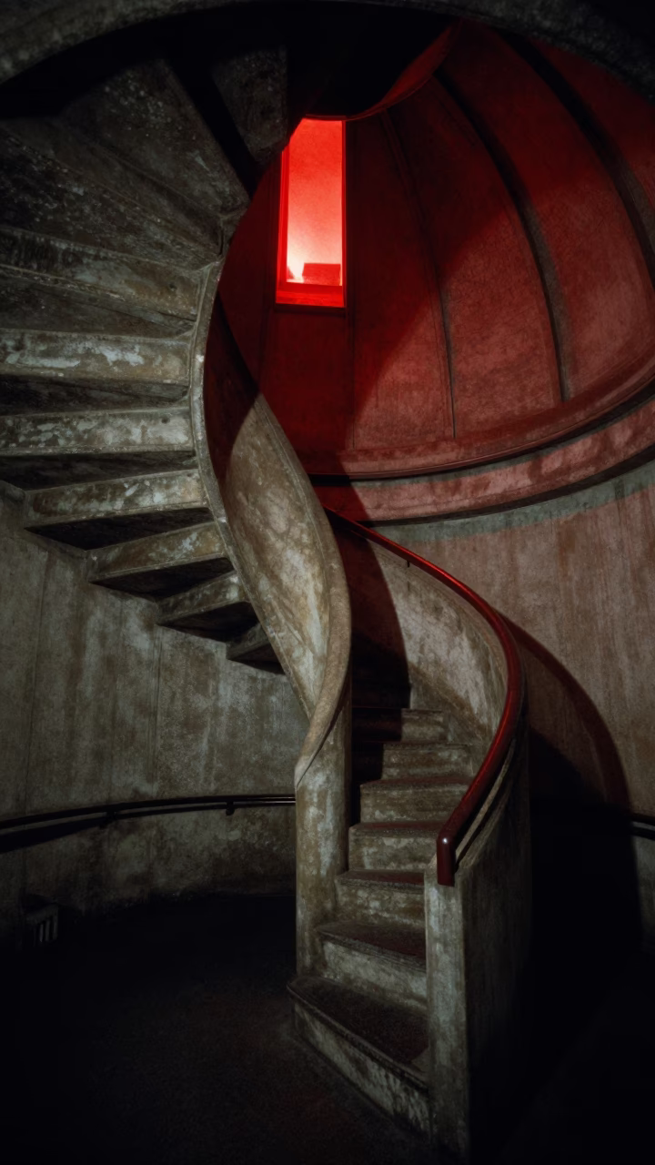Dimly lit observatory stairwell in Hobart Tasmania Australia at night with red safety bulbs in in Hobart, Tasmania, Australia