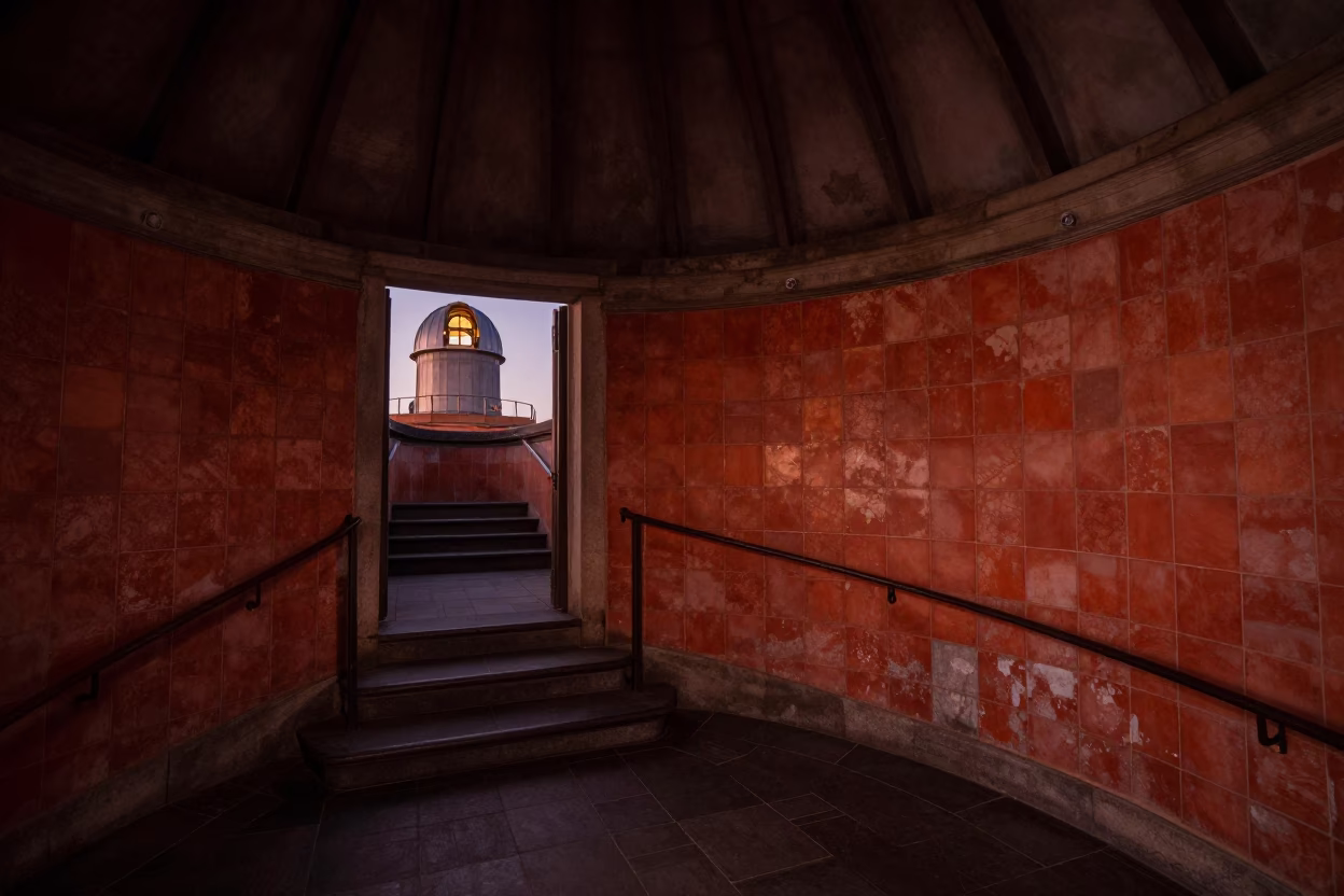 Dimly lit observatory stairwell in Nice France before dawn with red night bulbs in in Nice, France