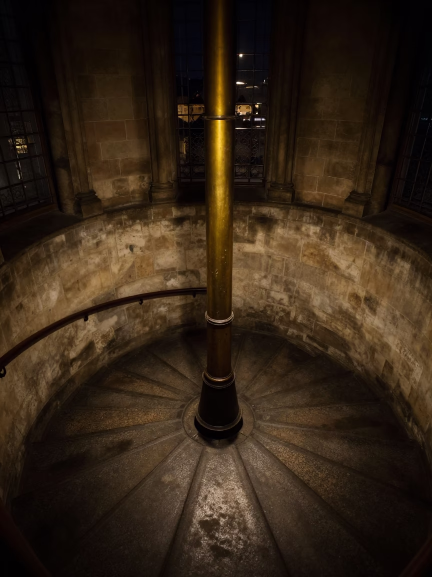 Dimly Lit Observatory Stairwell in Prague at Night with Brass Microscope in in Prague, Czech Republic