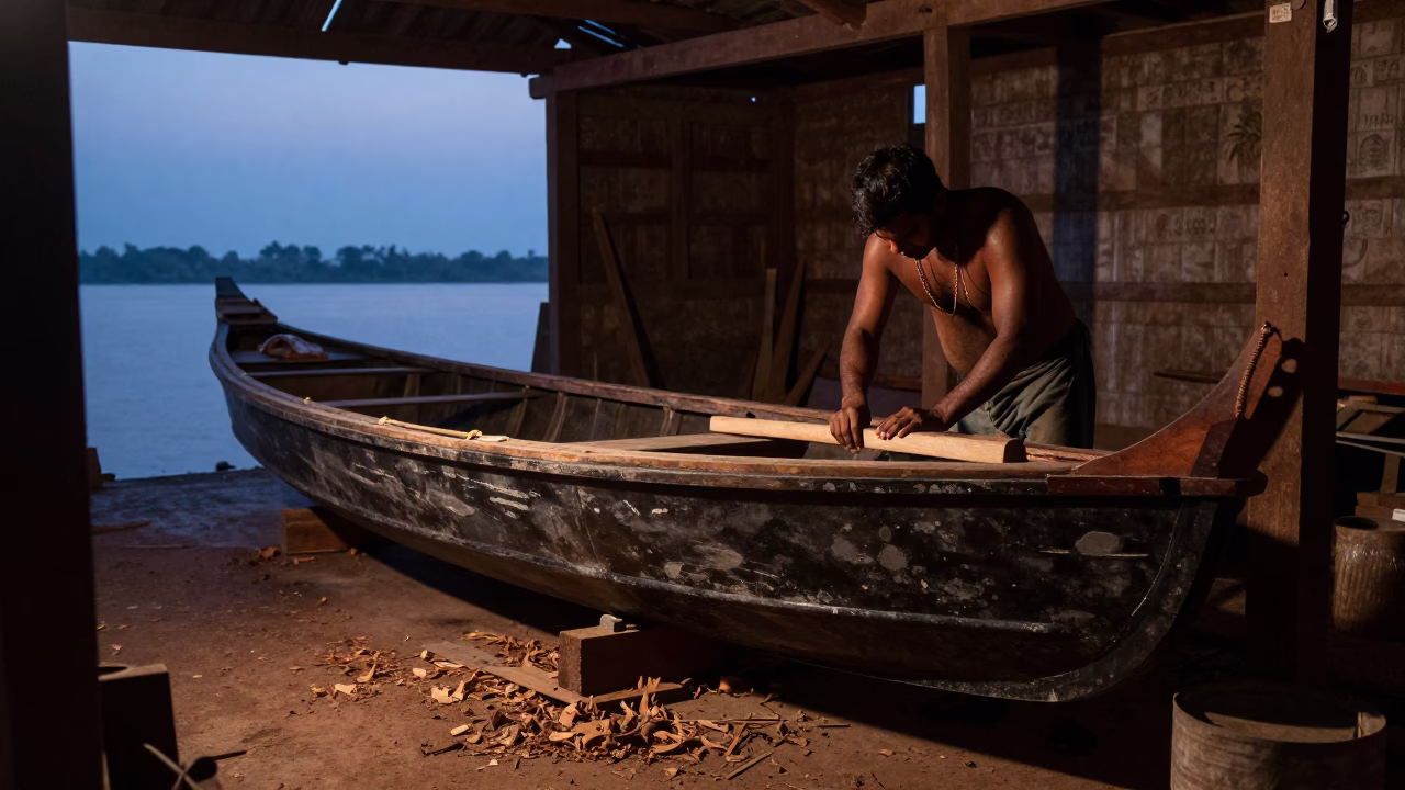 Dimly Lit Traditional Boat Workshop in Kochi India Pre-Dawn Interior Scene in in Kochi, India
