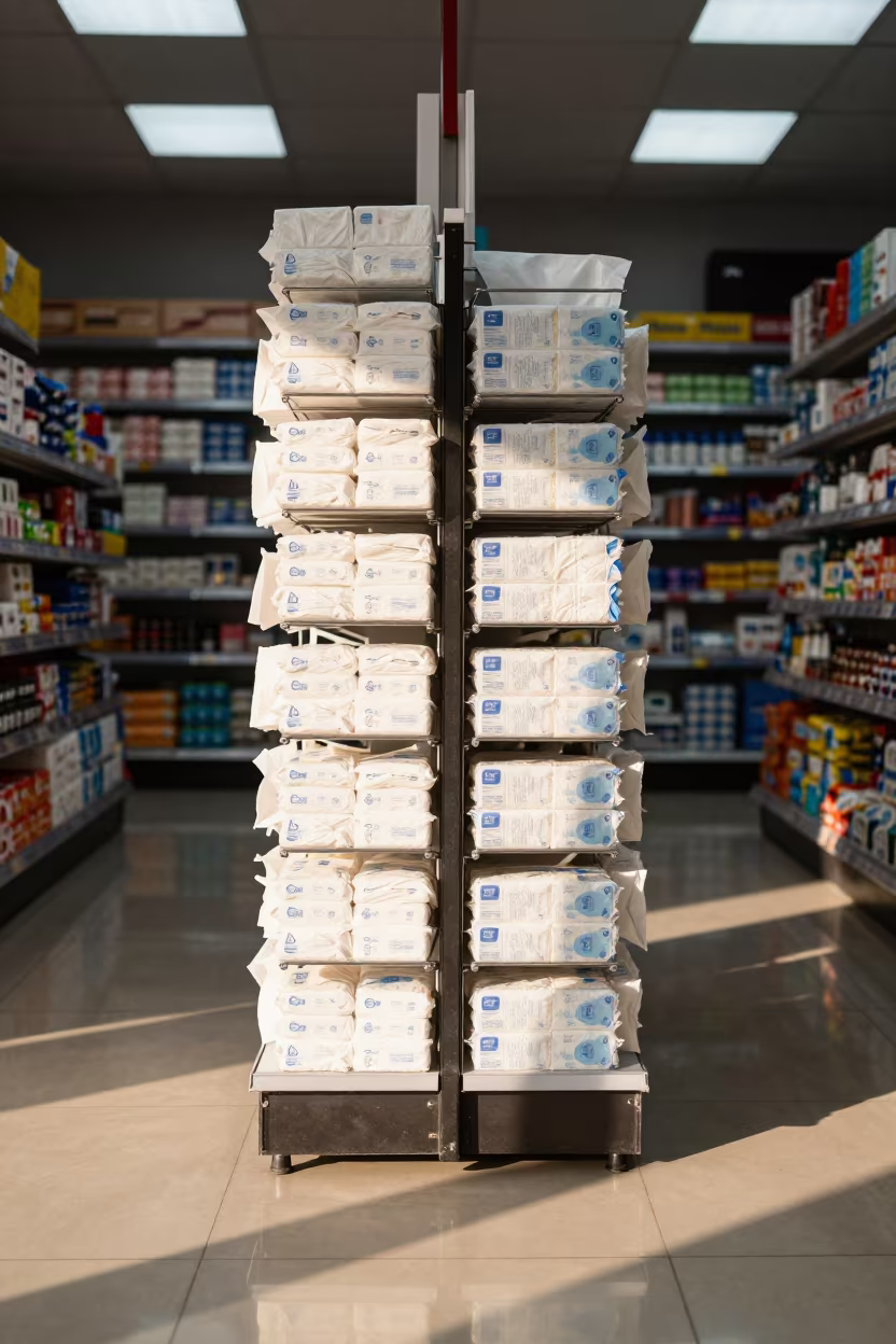 Dinajpur Retail Tissue Rack in Dawn Light in along a front-of-store display run in Dinajpur