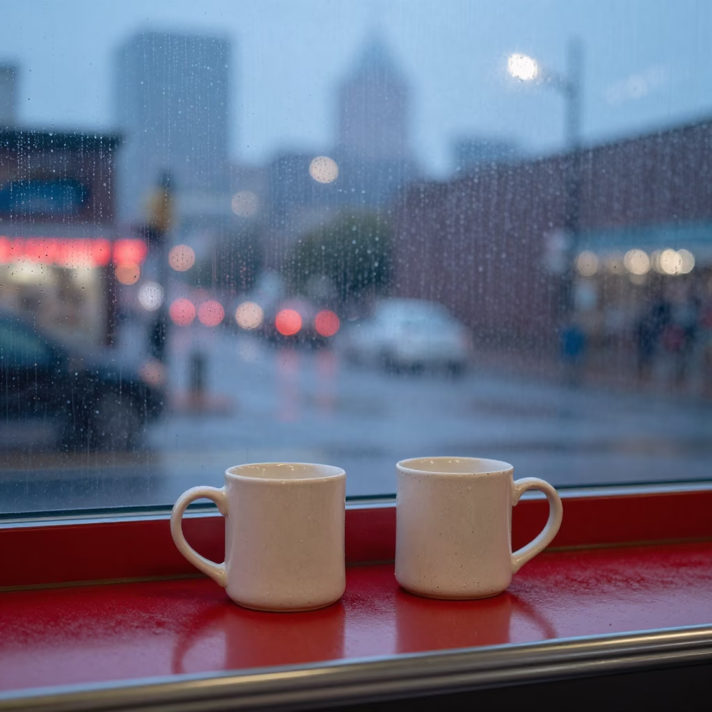 Diner Counter Coffee Mugs Under Dusk Rain Philadelphia Pennsylvania in in Philadelphia, Pennsylvania, United States