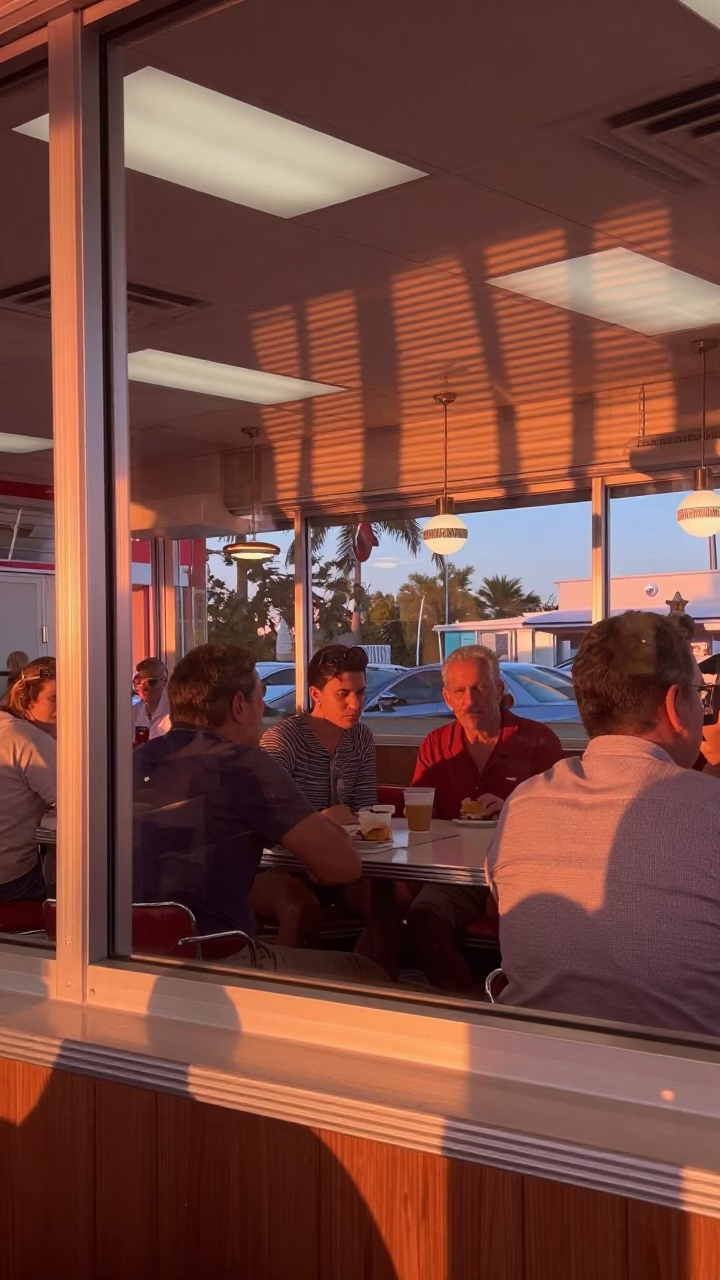 Diner Interior at Copper-toned Light Before Dusk in Miami in in Miami, Florida, United States