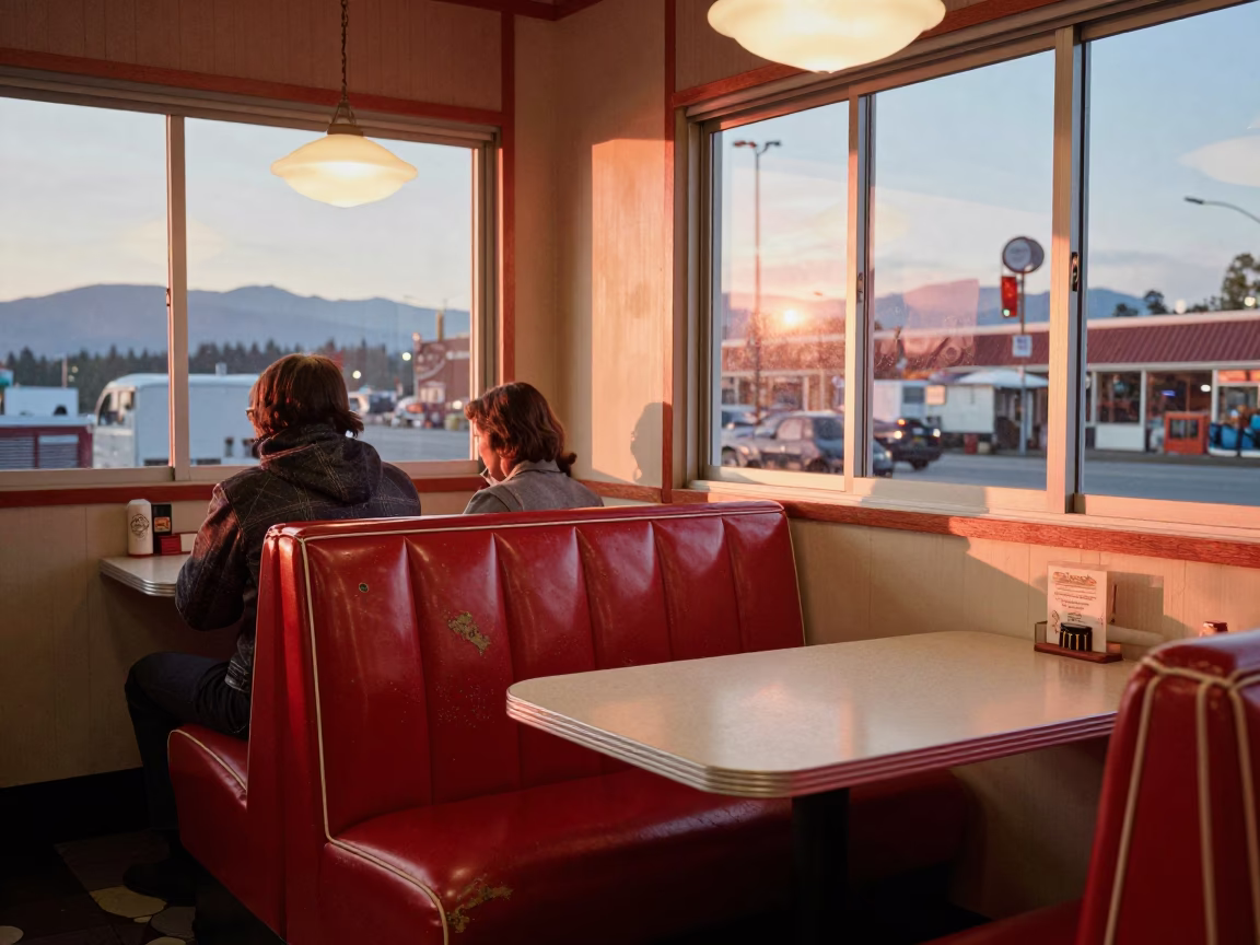 Diner Interior at Copper-toned Light Before Dusk in Vancouver in in Vancouver, British Columbia, Canada