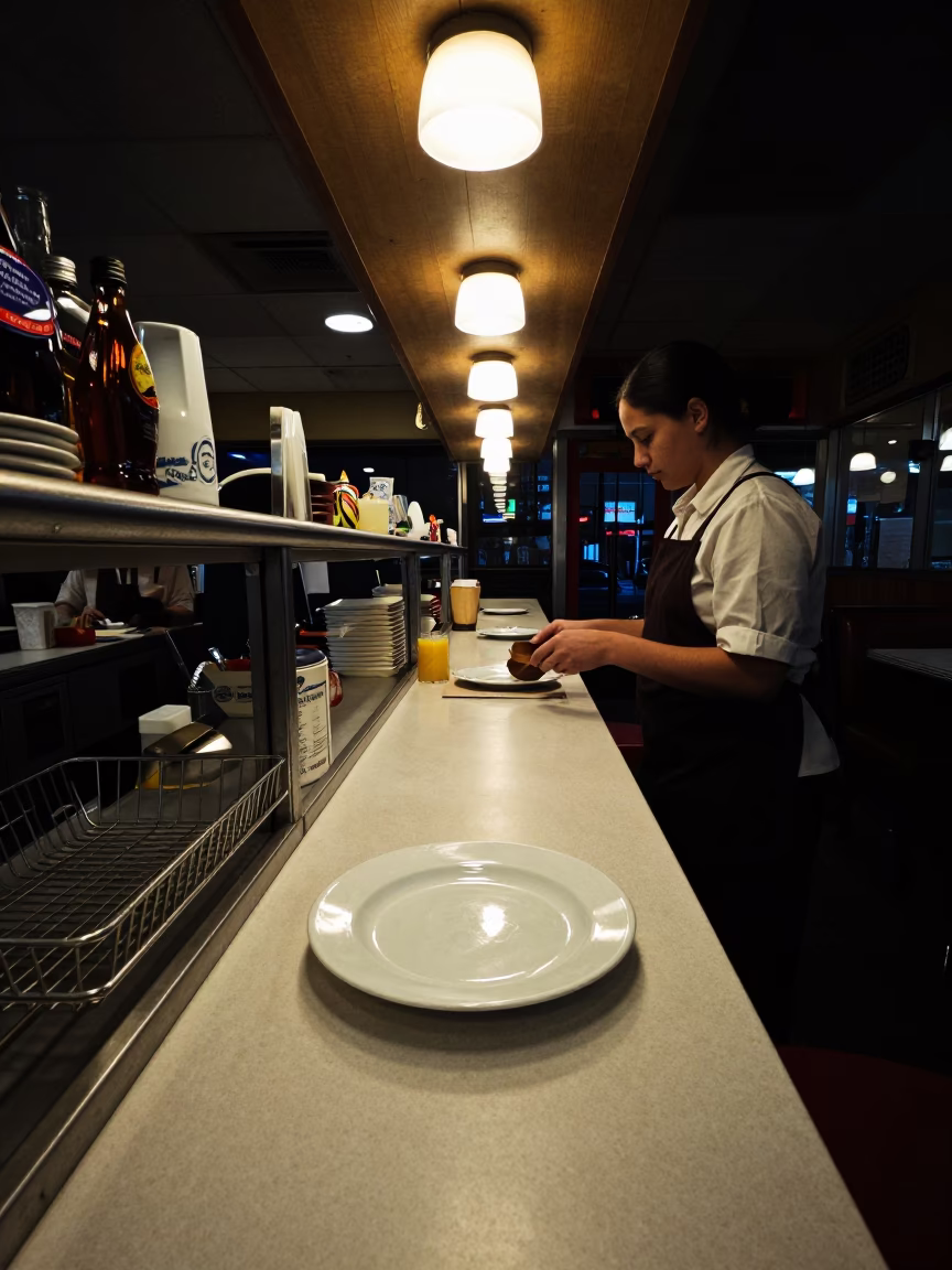 Diner Interior in New York at Late At Night Light in in New York, New York, United States