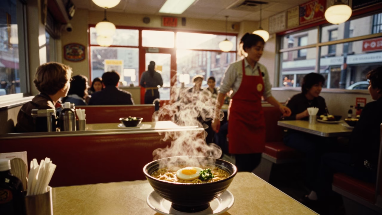 Diner Interior in Toronto at Sunrise Light in in Toronto, Ontario, Canada