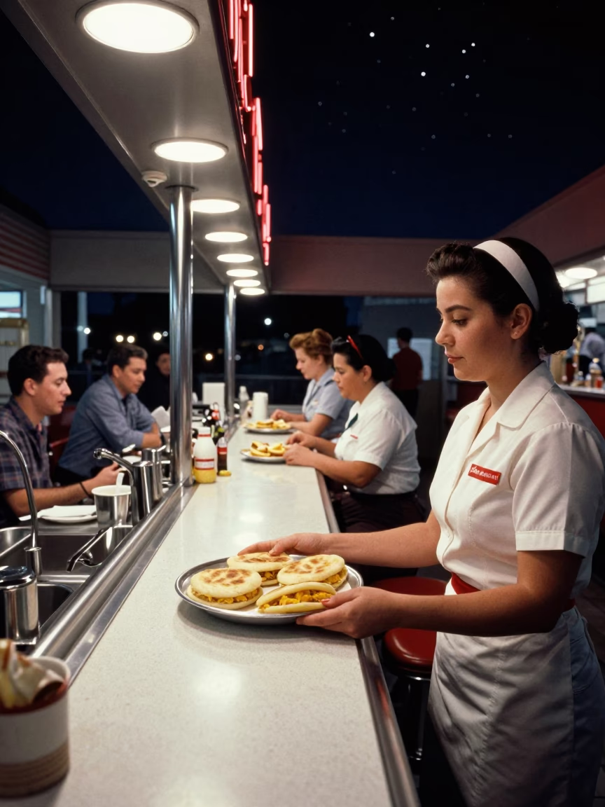 Diner Scene in Austin at The Deepest Night Sky Light in in Austin, Texas, United States