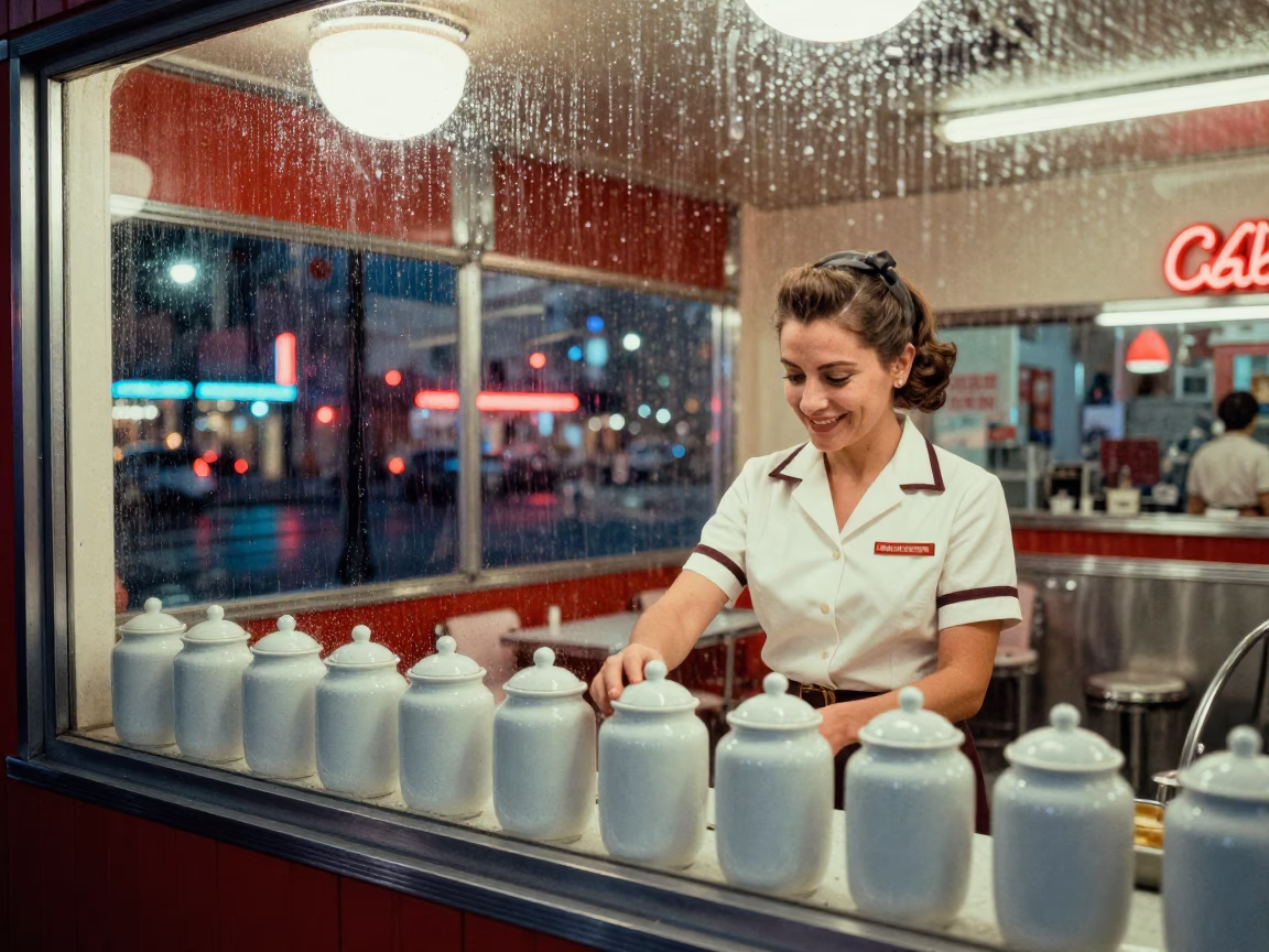 Diner Window Reflection Los Angeles 1960s City Lights and Porcelain Jars in in Los Angeles, California, United States