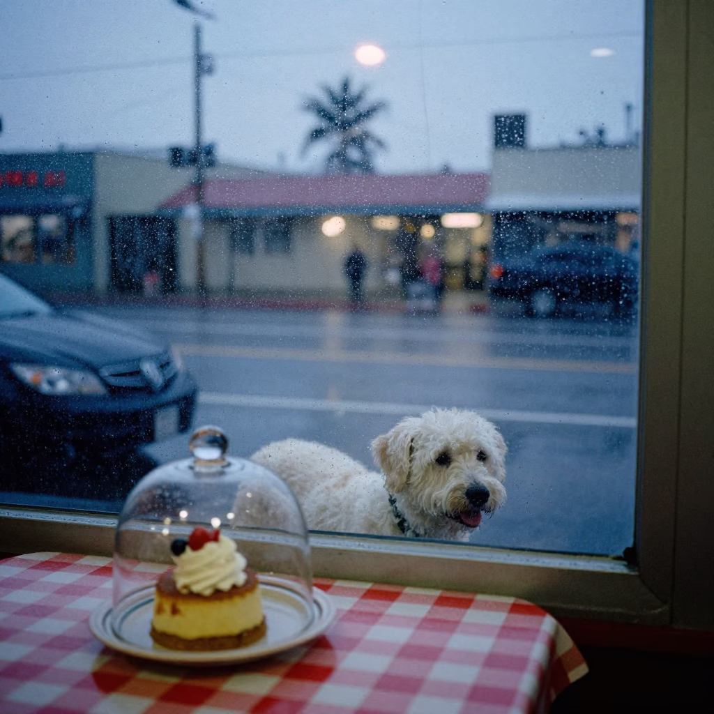 Diner Window View in San Diego During Light Rain at Dusk in in San Diego, California, United States