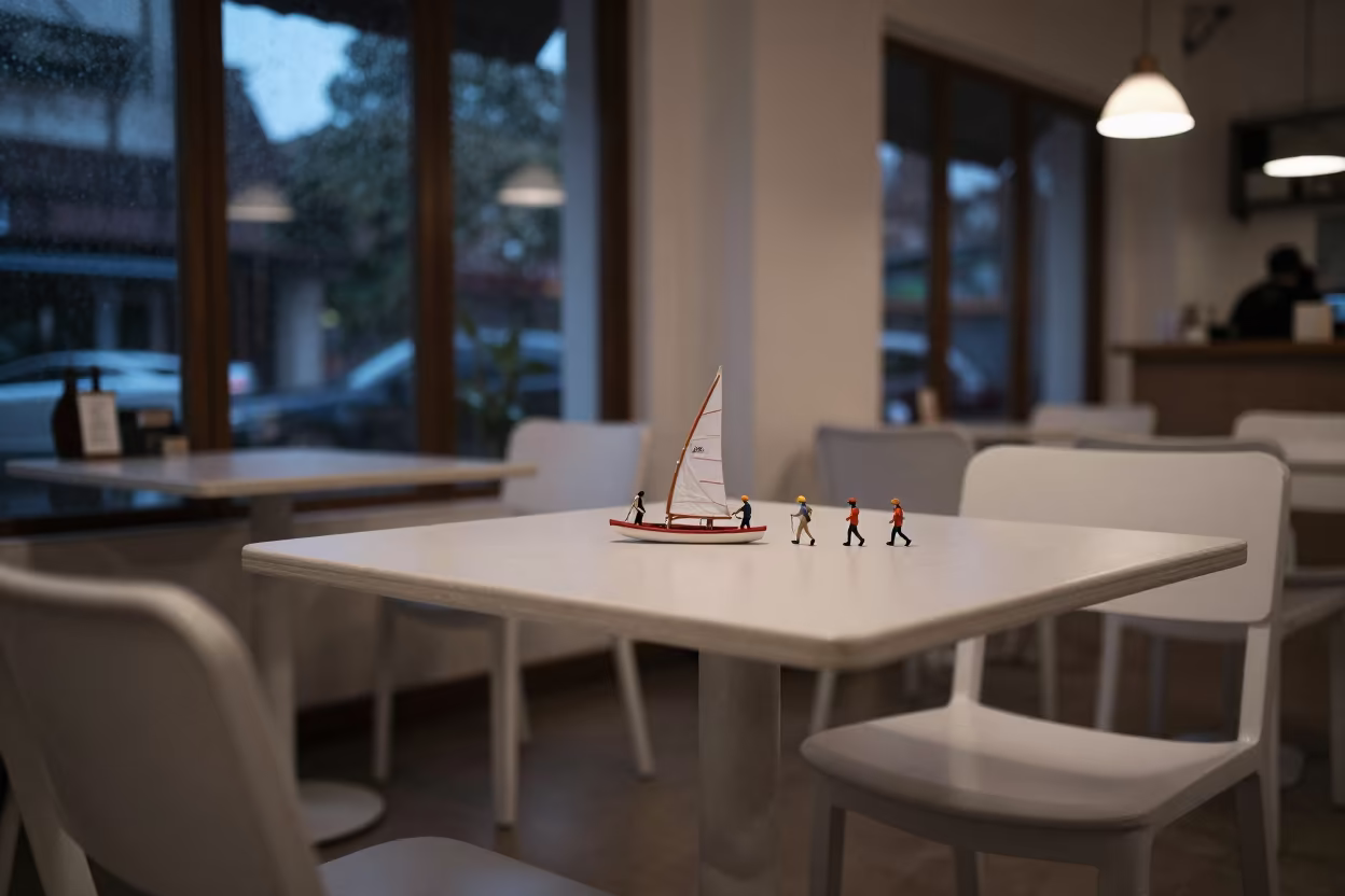 Dinghy Crew Hiking on Cafe Table in Mysore in on a cafe table by a window in Mysore