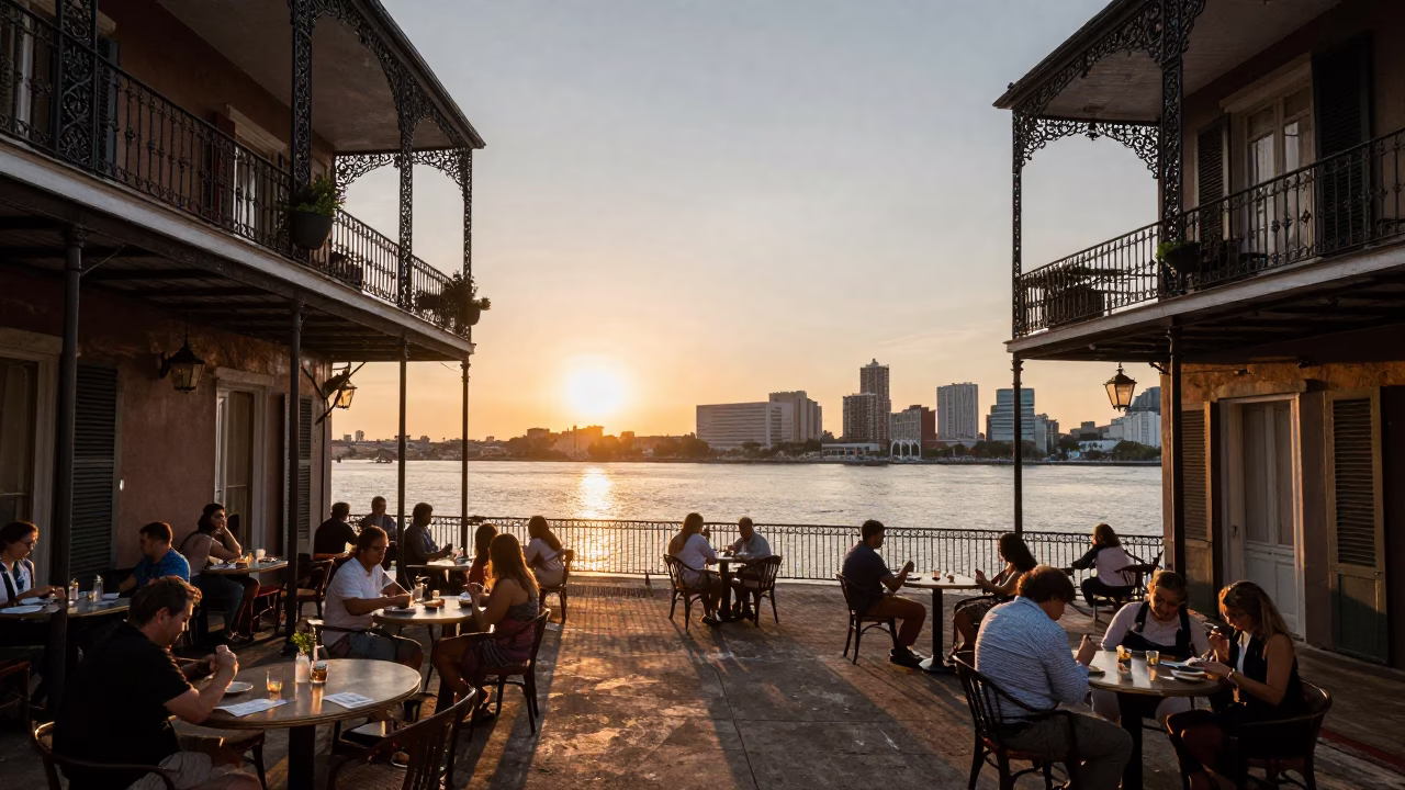 Dining in New Orleans at As The Sun Drops Toward The Horizon in in New Orleans, Louisiana, United States