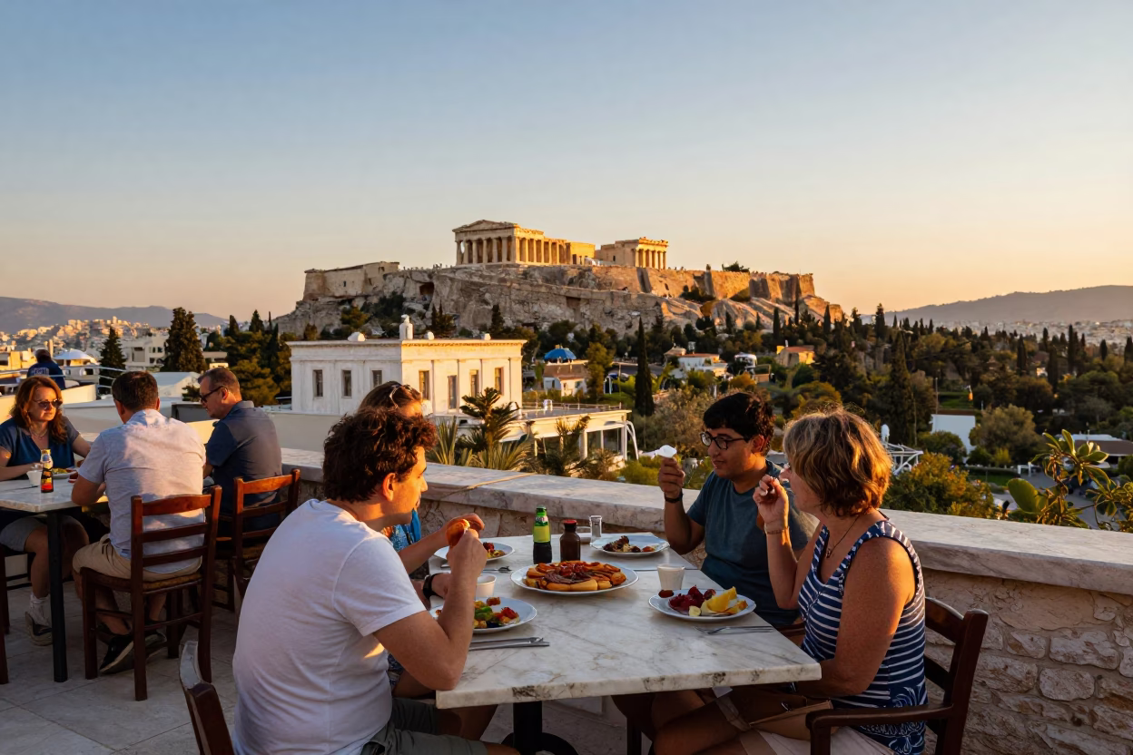 Dining Scene in Athens at Sunset Light in in Athens, Greece