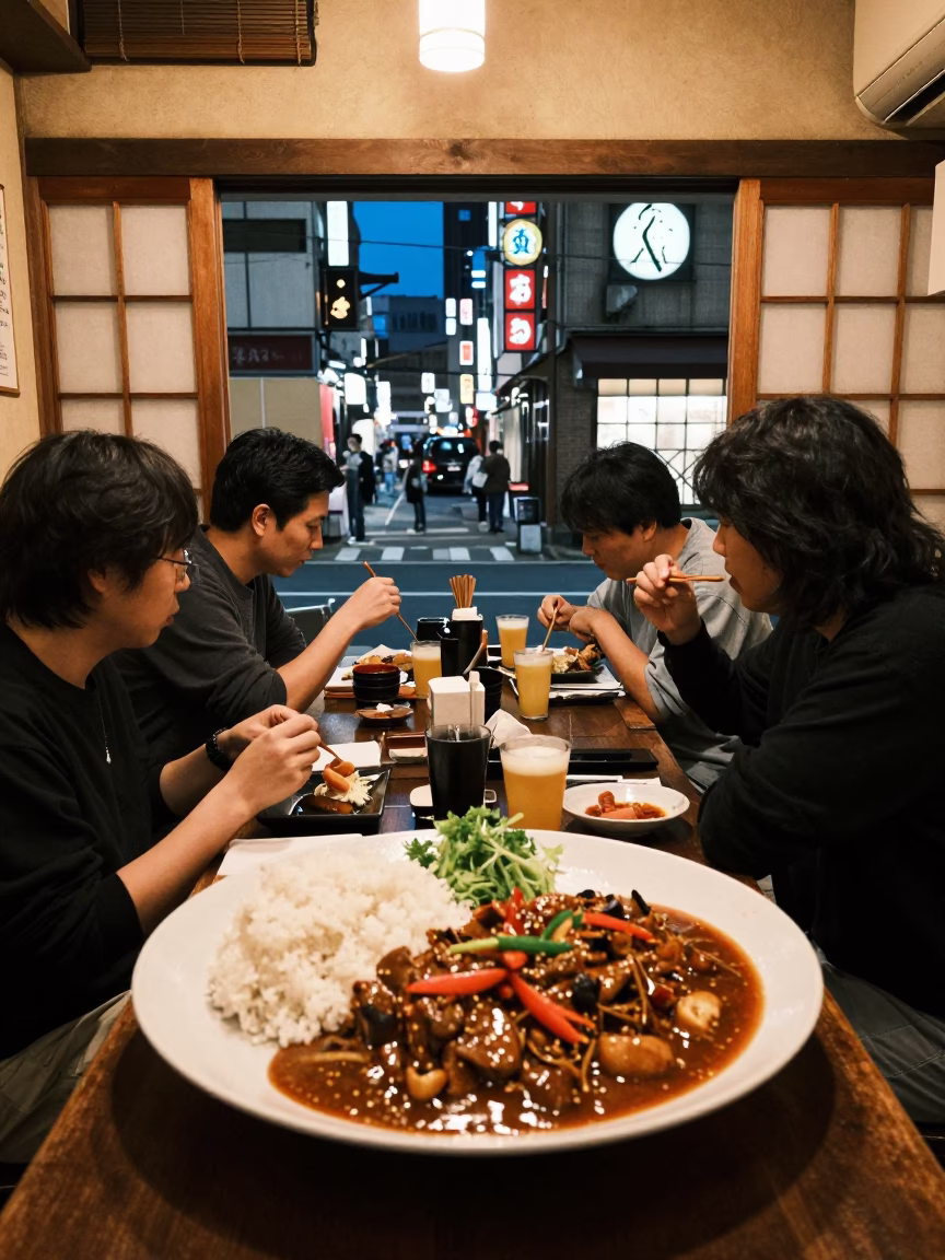 Dinner at a Tokyo Izakaya at Dusk with Peruvian Lomo Saltado and City Lights in in Tokyo, Japan