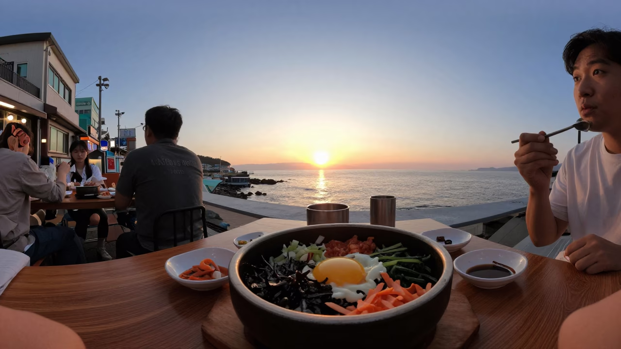 Dinner in Busan at As The Sun Drops Toward The Horizon in in Busan, South Korea