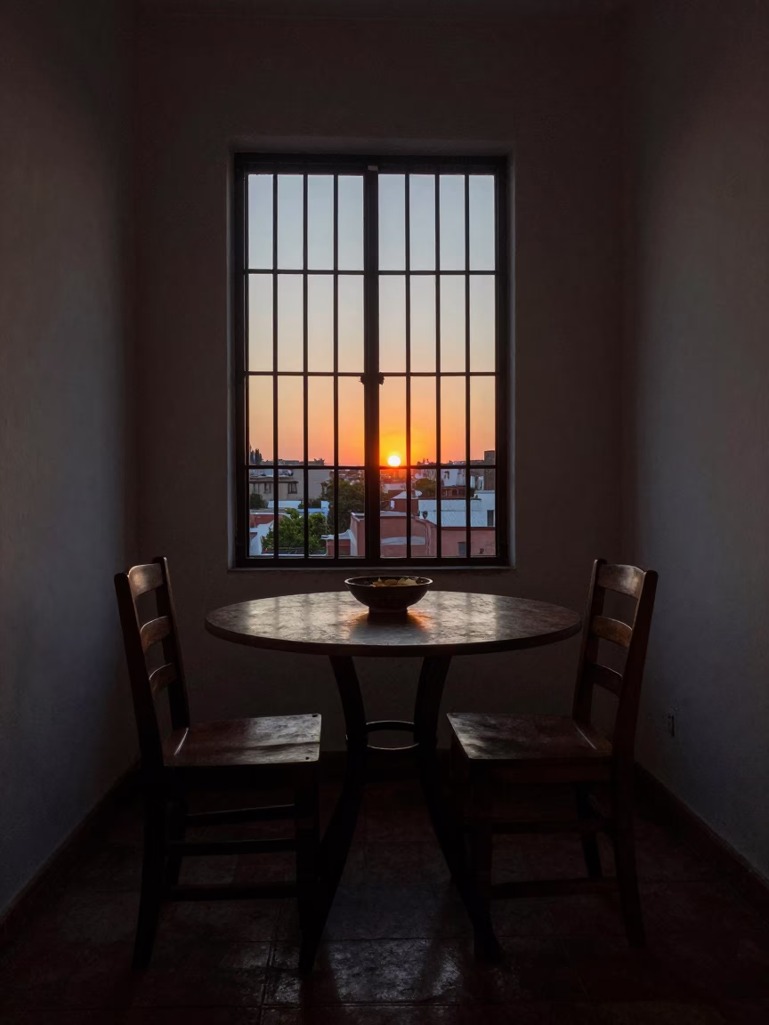 Dinner Table in Mexico City Apartment with Ladder-Back Chair and Bowl of Maafe in in Mexico City, Mexico