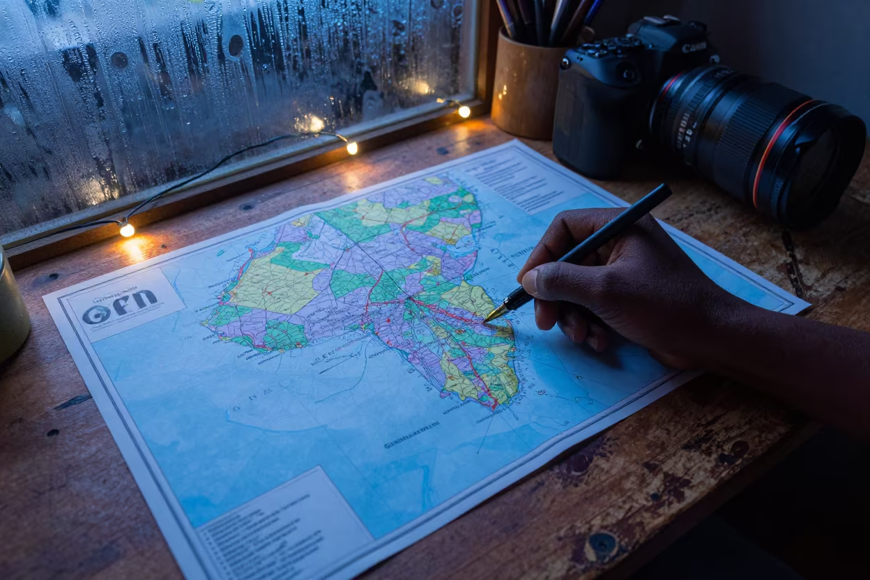 Dip Pen and Map on Bamako Desk in Twilight in on a writing desk in Bamako