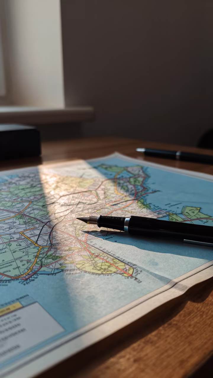Dip Pen on Map Desk Near Brno at Sunset in on a writing desk near Brno