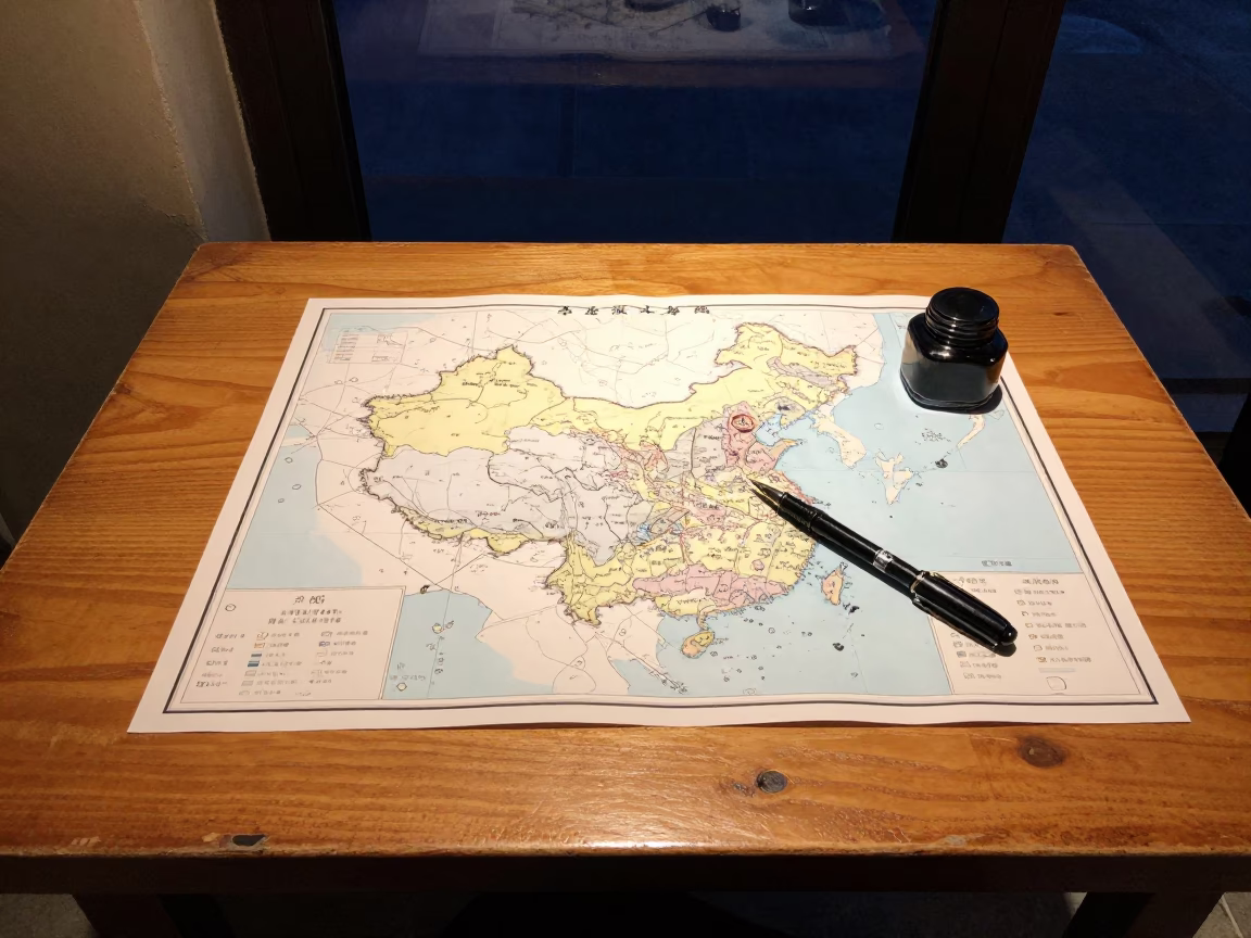Dip Pen Over Maps On Wuhan Table in on a cafe table by a window in Wuhan
