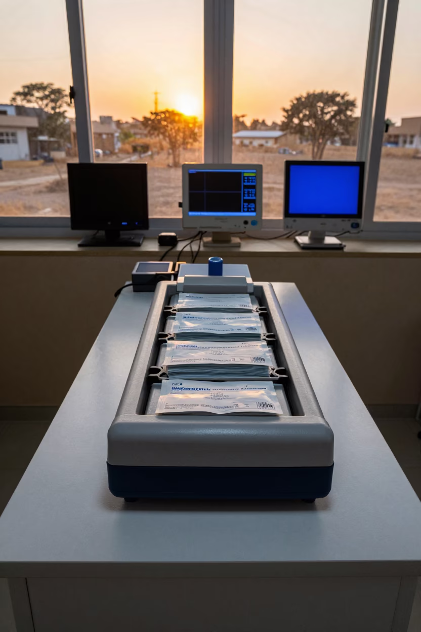 Discharge Packet Sorter at Nurse Station Ikeja in at a nurse station under monitor glow in Ikeja