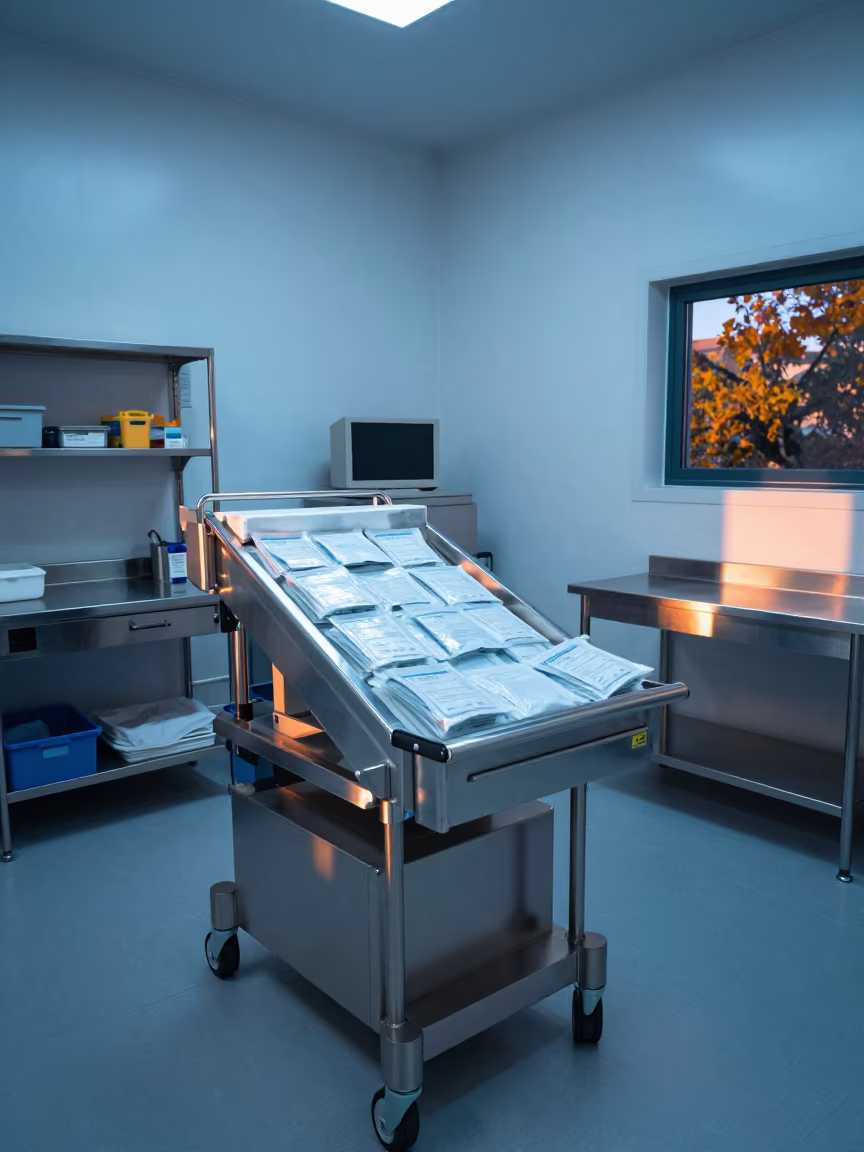 Discharge Packet Sorter in Surgical Prep at Blue Hour in in a surgical prep area near Split
