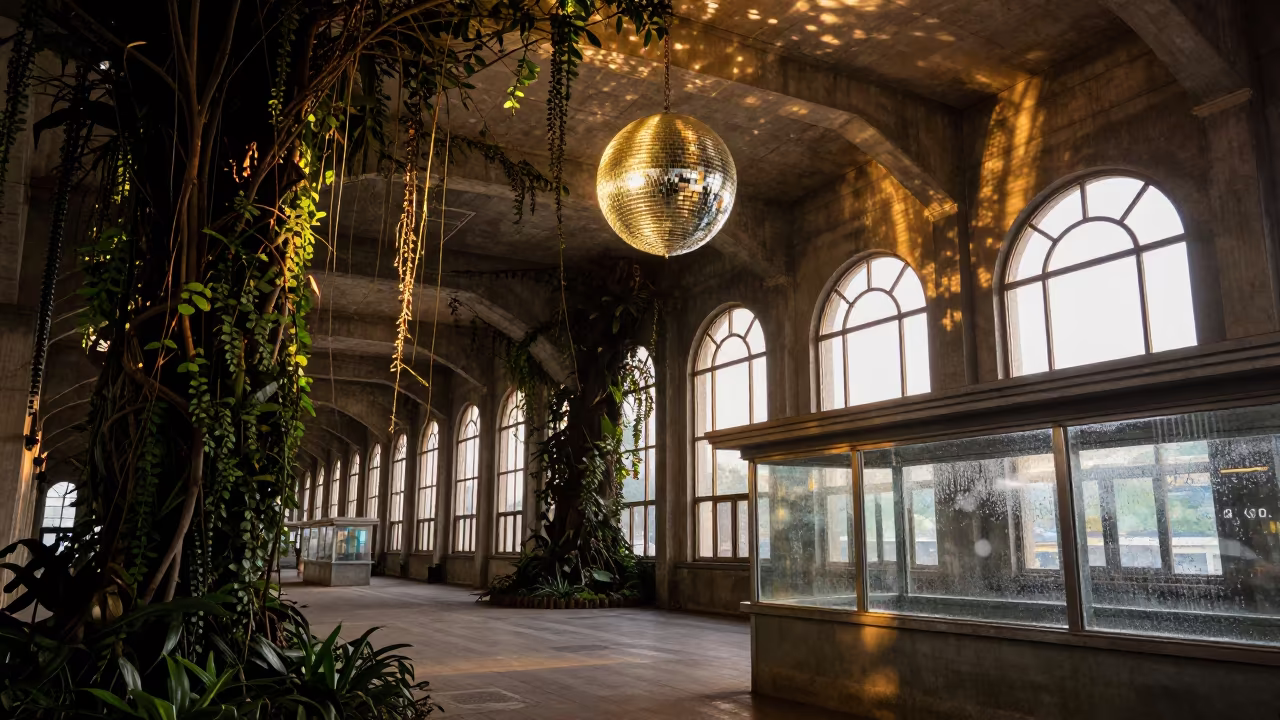 Disco Ball Jungle Vines Train Terminal Guiyang in inside a restored train terminal in Guiyang
