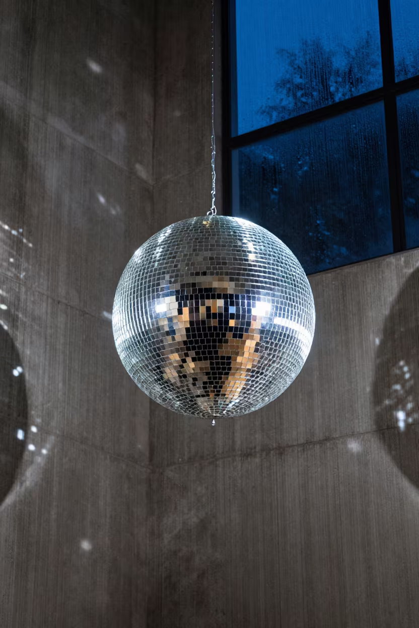 Disco Ball Light Dots on Ribbed Concrete Walls in inside a ribbed concrete lobby in Obuda, Budapest
