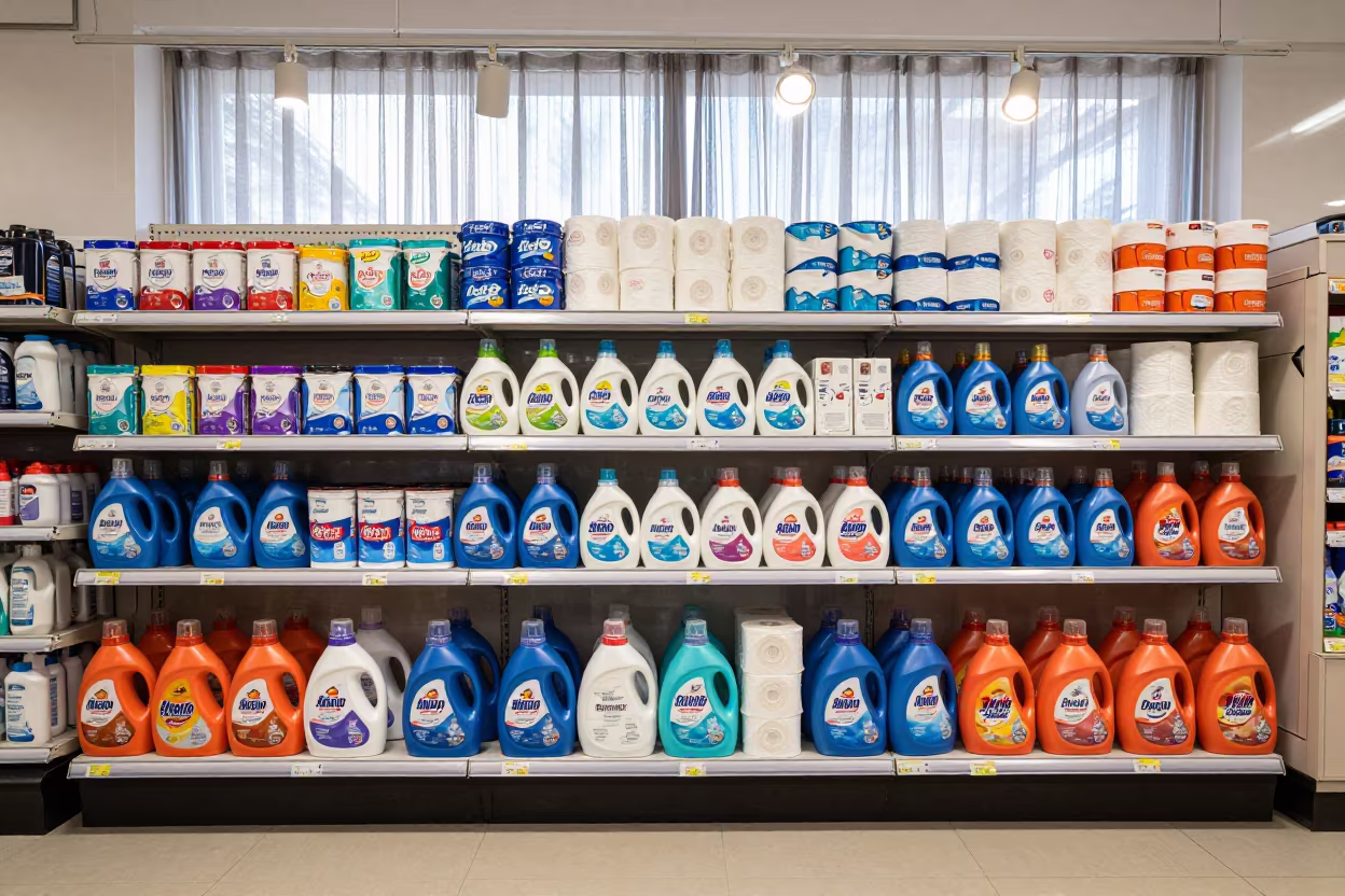 Discount Endcap Detergent Paper Goods Ait Melloul in inside a retail floor display area in Ait Melloul