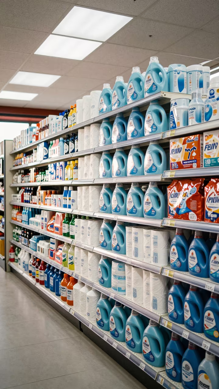 Discount Endcap Stacked Detergent in Tirana Store in beside a seasonal endcap near the sales floor in Tirana