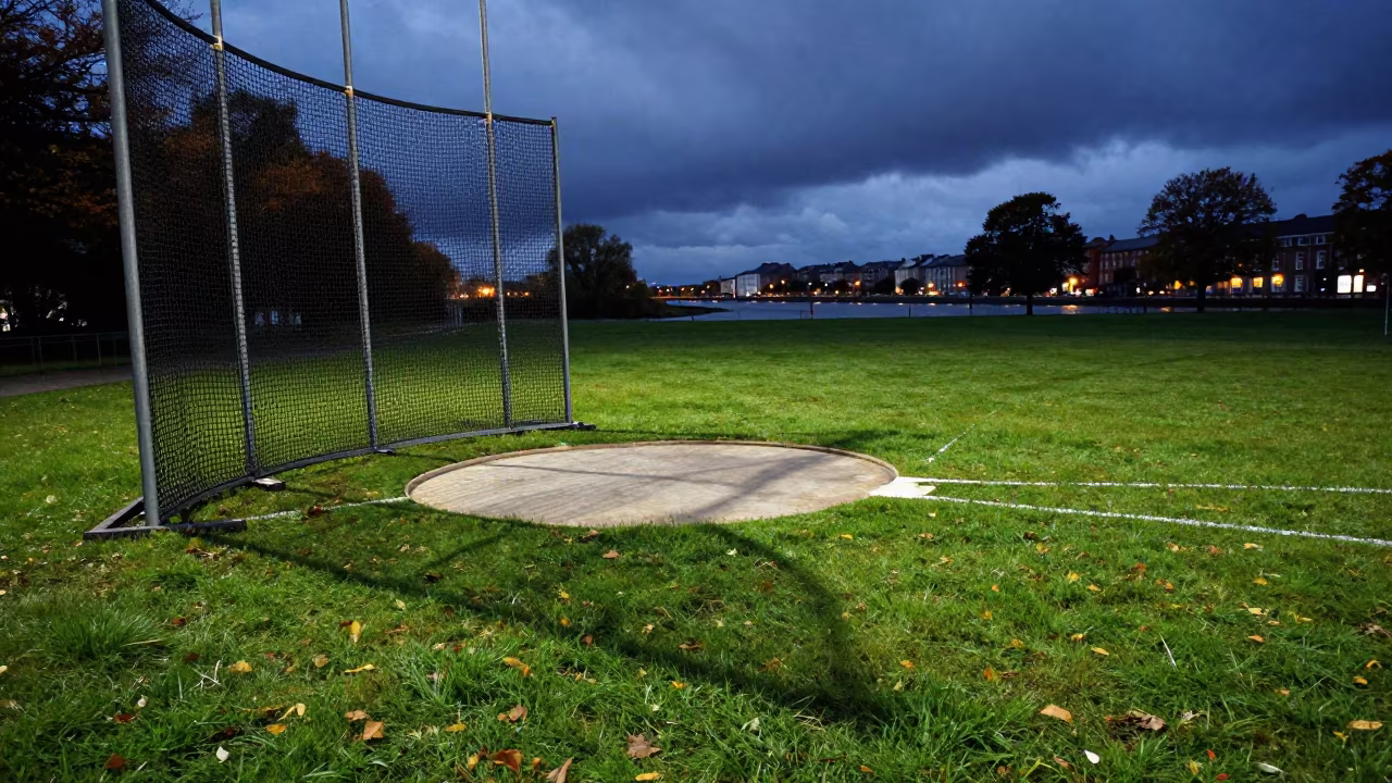 Discus Cage Shadow on Cork Riverbank Grass in by a riverbank near Cork